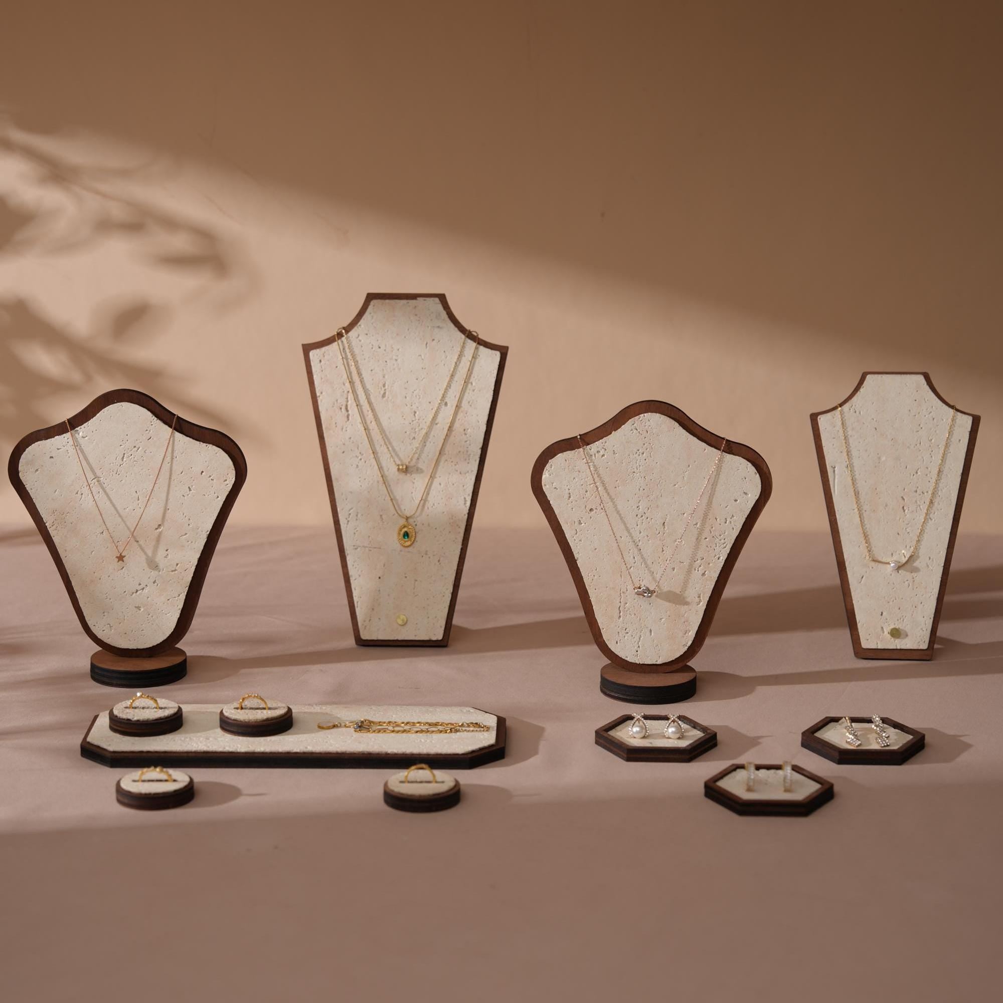 Elegant Jewelry Display Set: Stone-Look Necklace, Ring & Earring Organizer