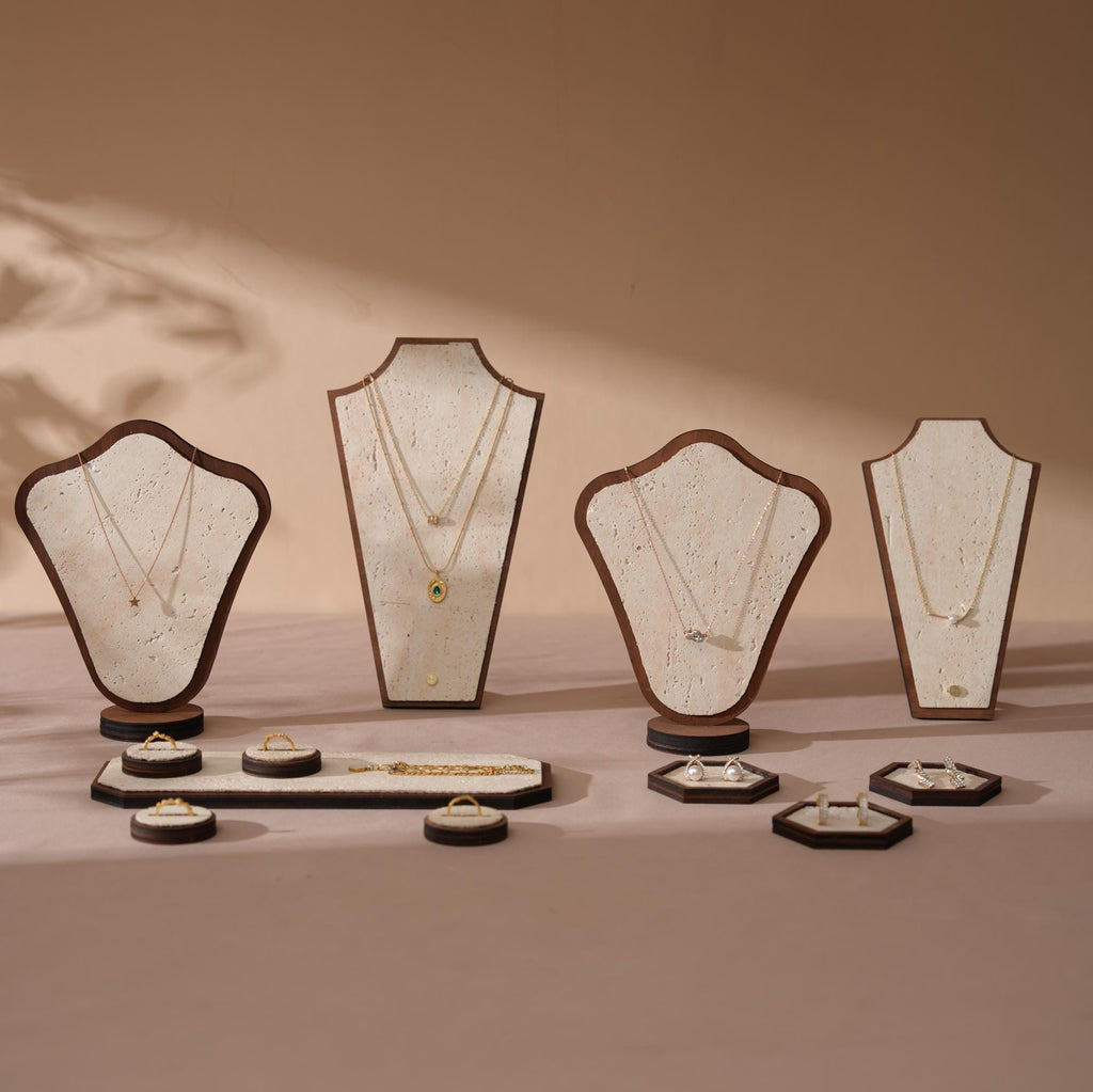 Elegant Jewelry Display Set: Stone-Look Necklace, Ring & Earring Organizer