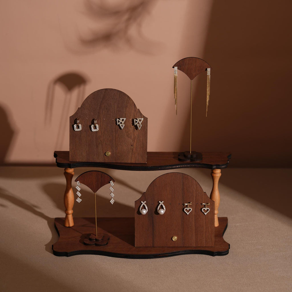 Walnut Veneer Jewelry Display Set: Boutique Earring Necklace Organizer