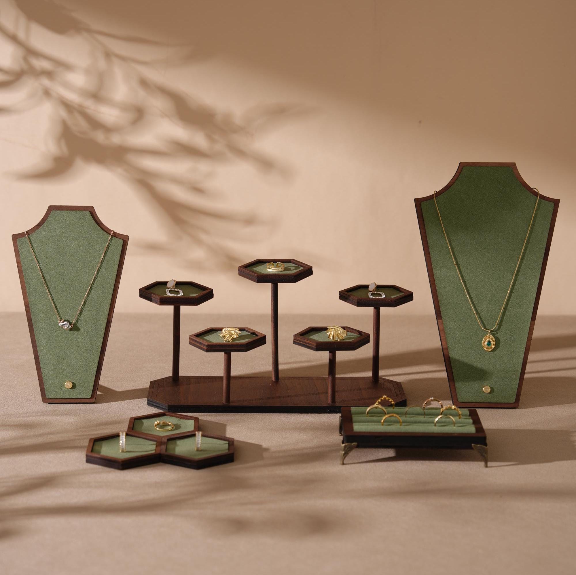 Walnut Veneer Jewelry Vendor Display Set (7-Piece) | 12 Colors