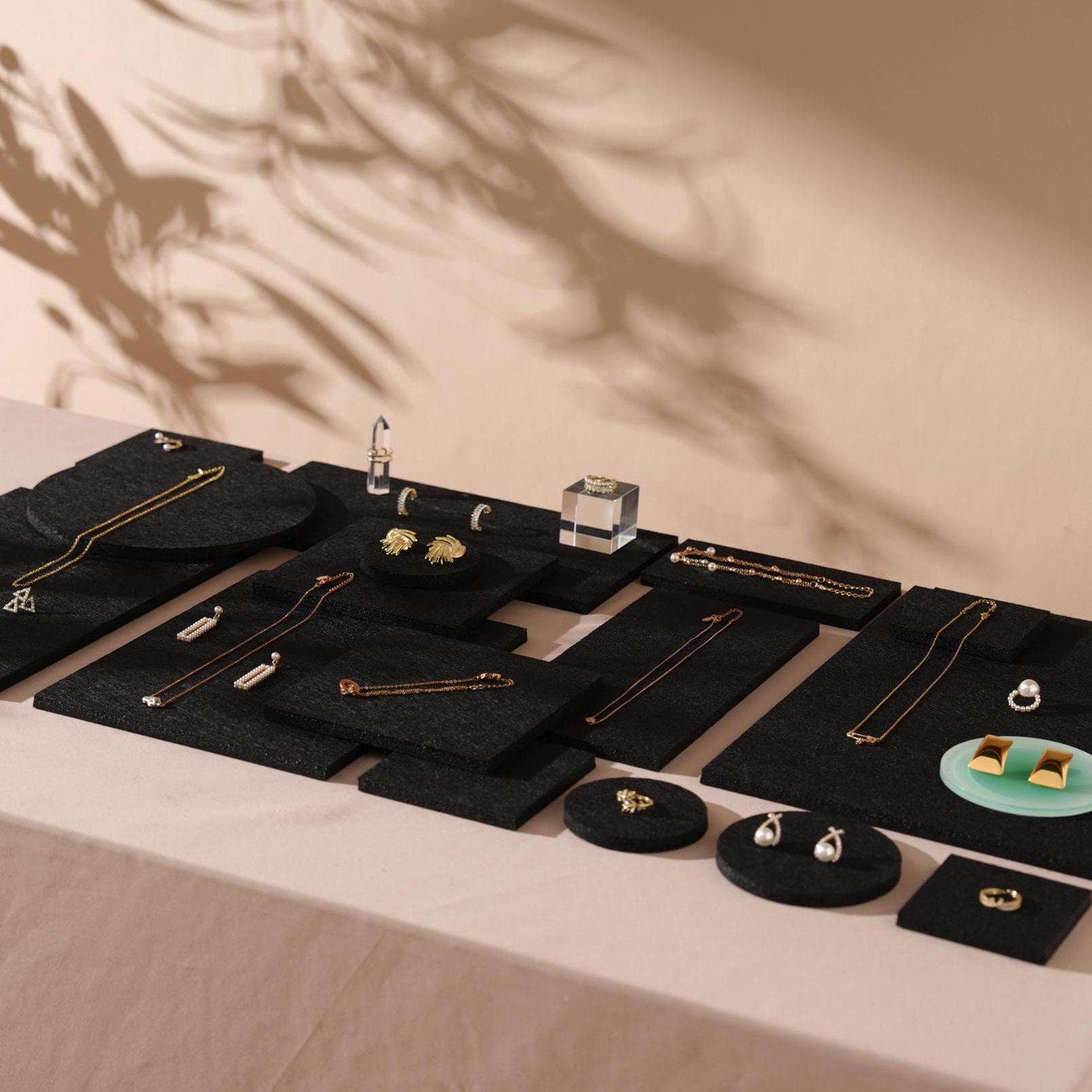 Black Felt Jewelry Display Set: Necklace, Ring, Earring Showcase