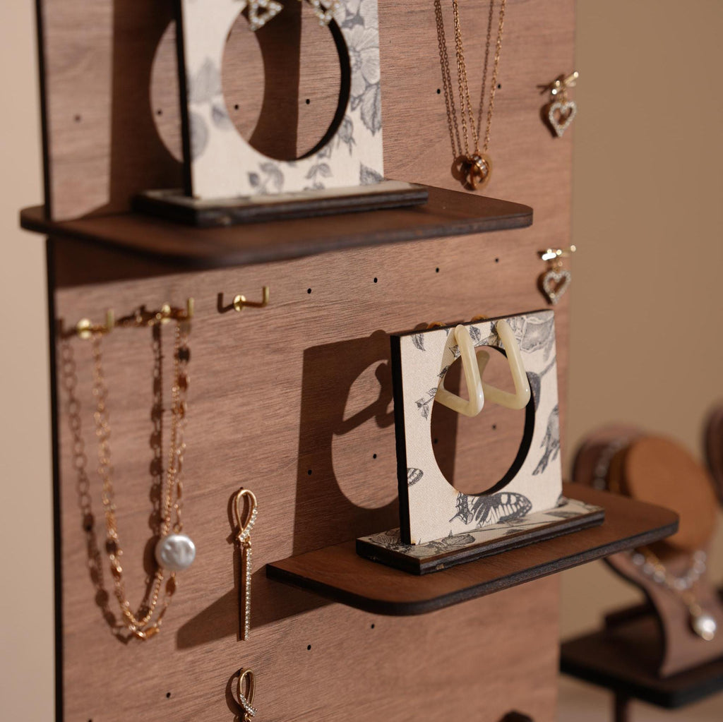 Walnut Veneer 44-Piece Jewelry Display Set
