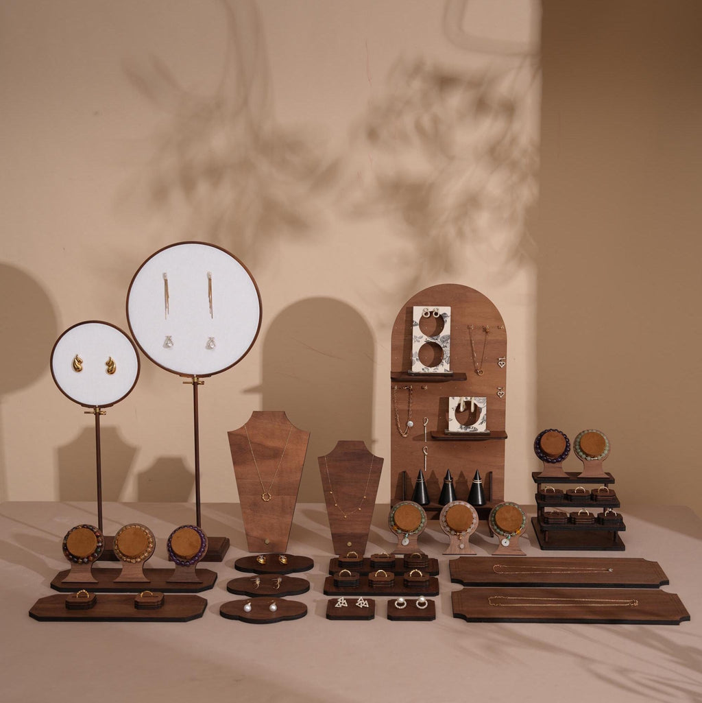 Walnut Veneer 44-Piece Jewelry Display Set