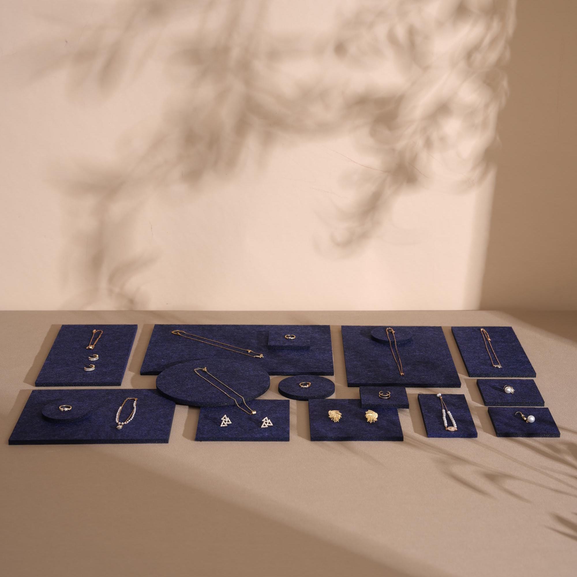 Midnight Blue Felt Jewelry Display Set: Ring, Necklace, Earring Showcase