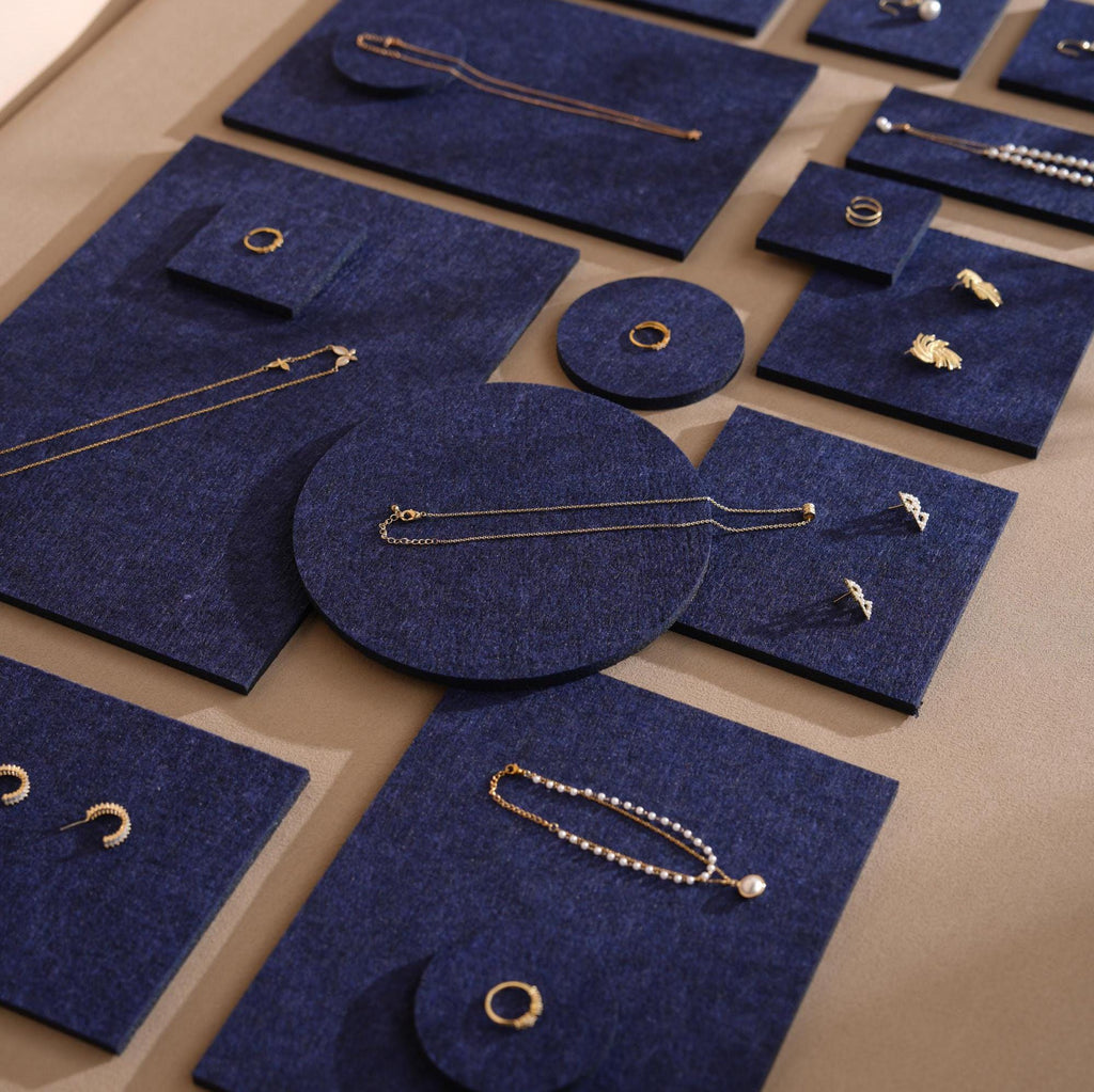 Midnight Blue Felt Jewelry Display Set: Ring, Necklace, Earring Showcase