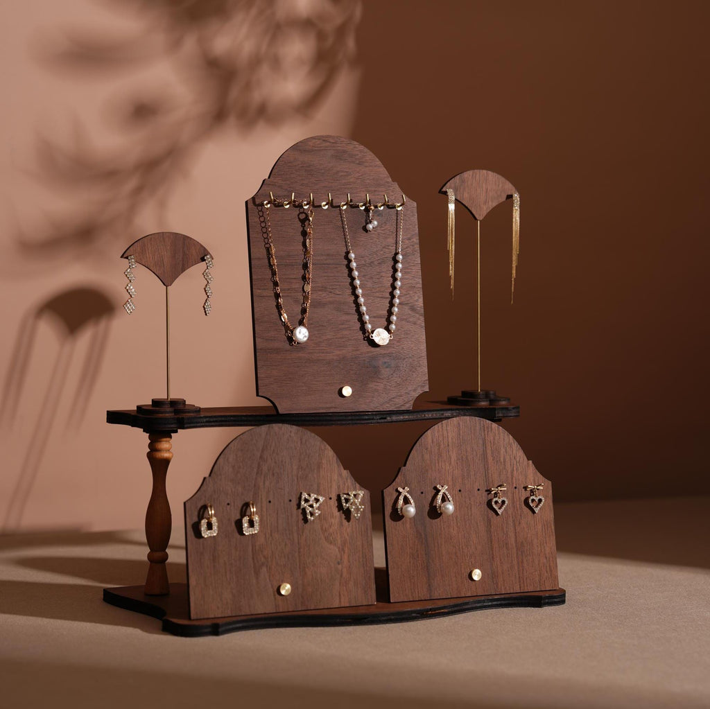 Walnut Veneer Jewelry Display Set: Boutique Earring Necklace Organizer