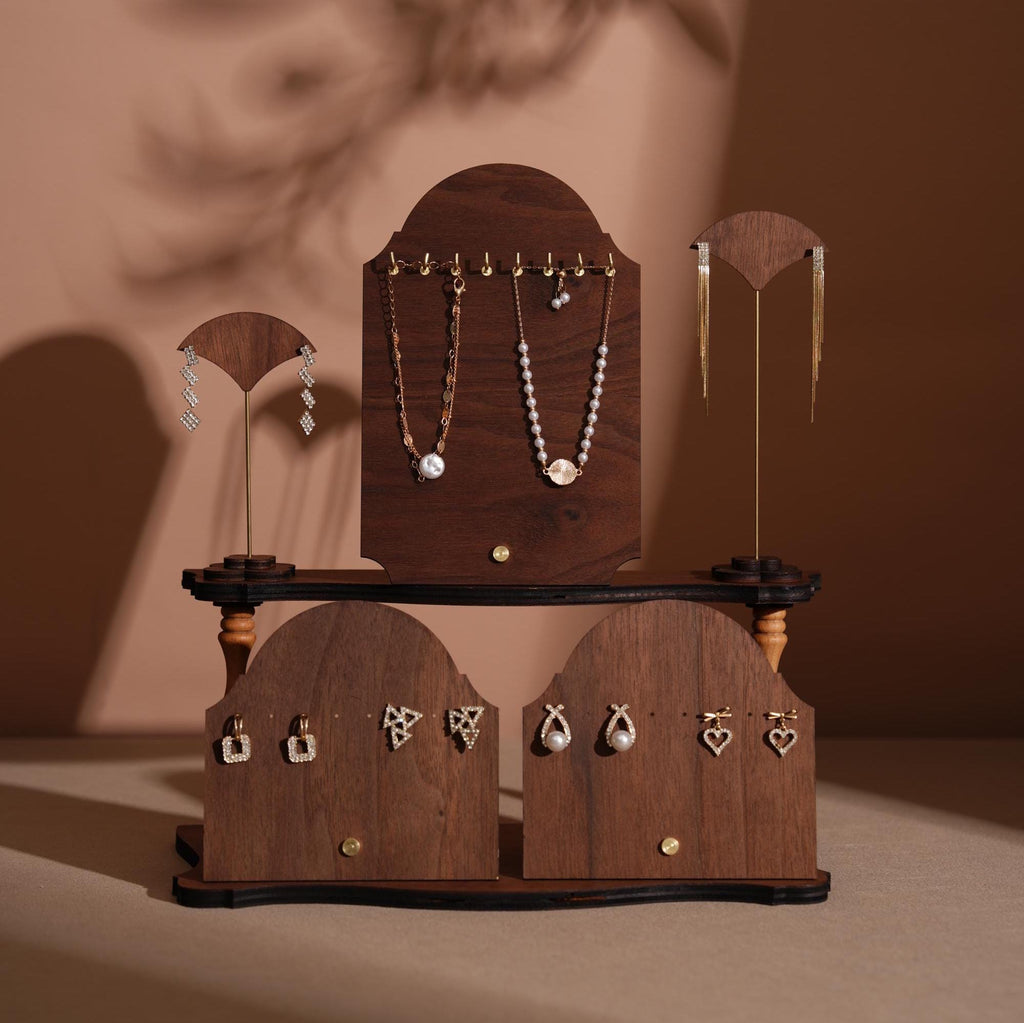 Walnut Veneer Jewelry Display Set: Boutique Earring Necklace Organizer