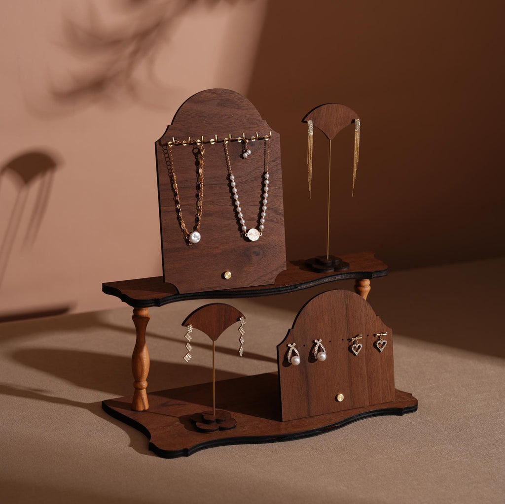 Walnut Veneer Jewelry Display Set: Boutique Earring Necklace Organizer