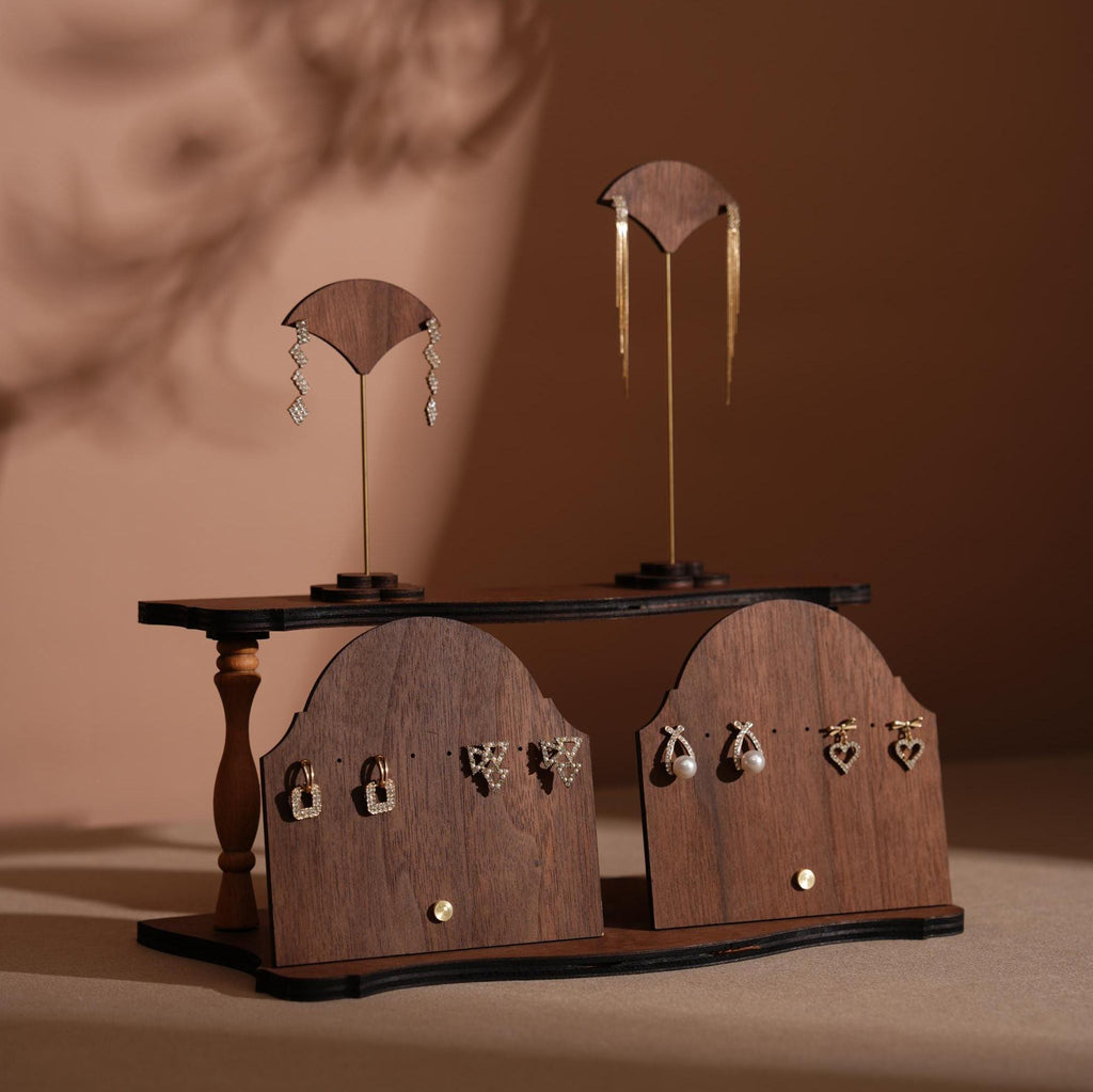 Walnut Veneer Jewelry Display Set: Boutique Earring Necklace Organizer