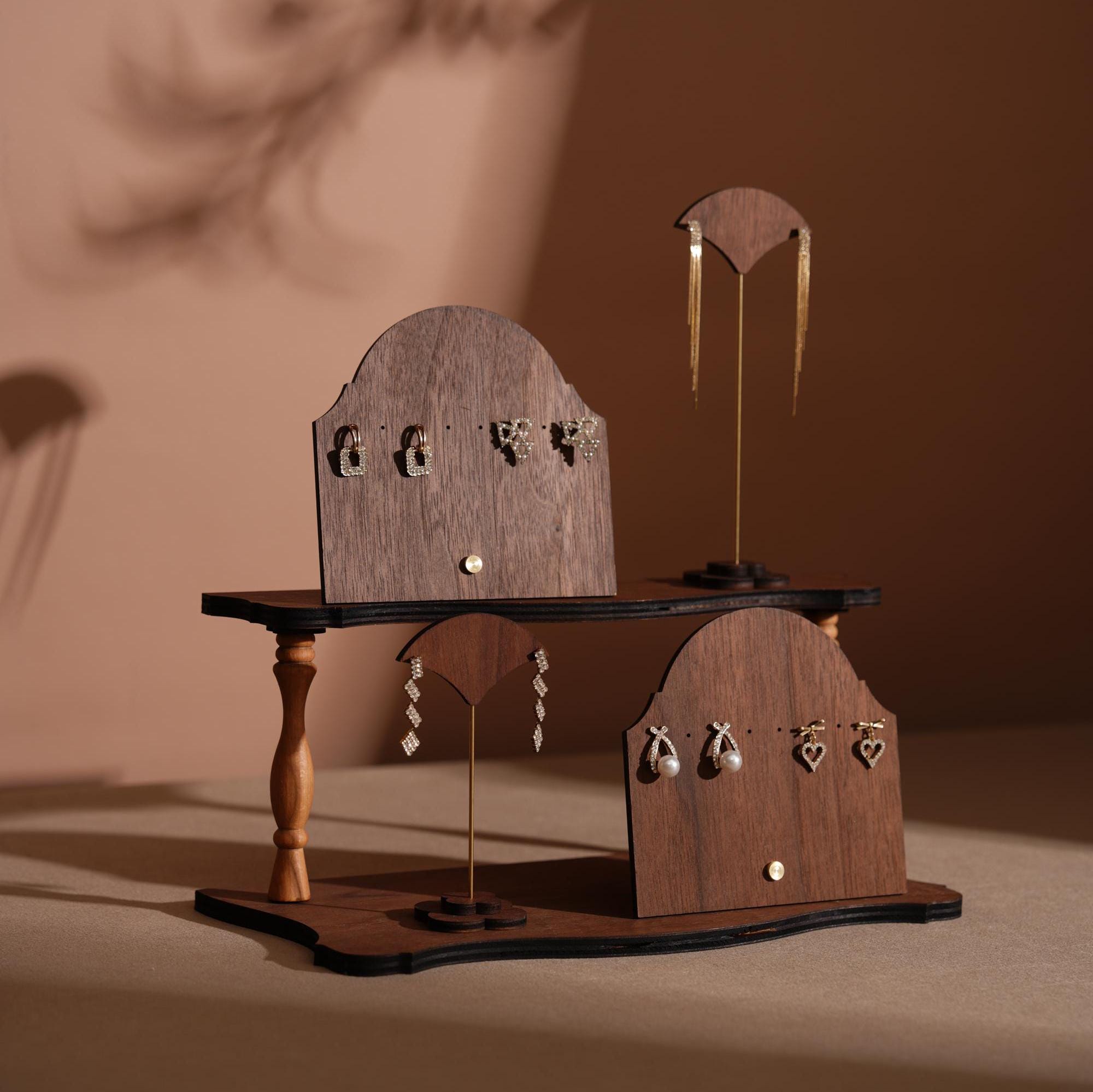 Walnut Veneer Jewelry Display Set: Boutique Earring Necklace Organizer