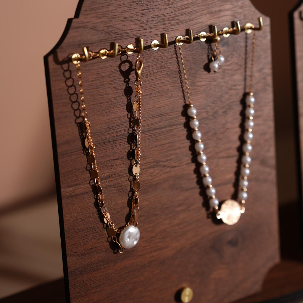 Walnut Veneer Jewelry Display Set: Boutique Earring Necklace Organizer