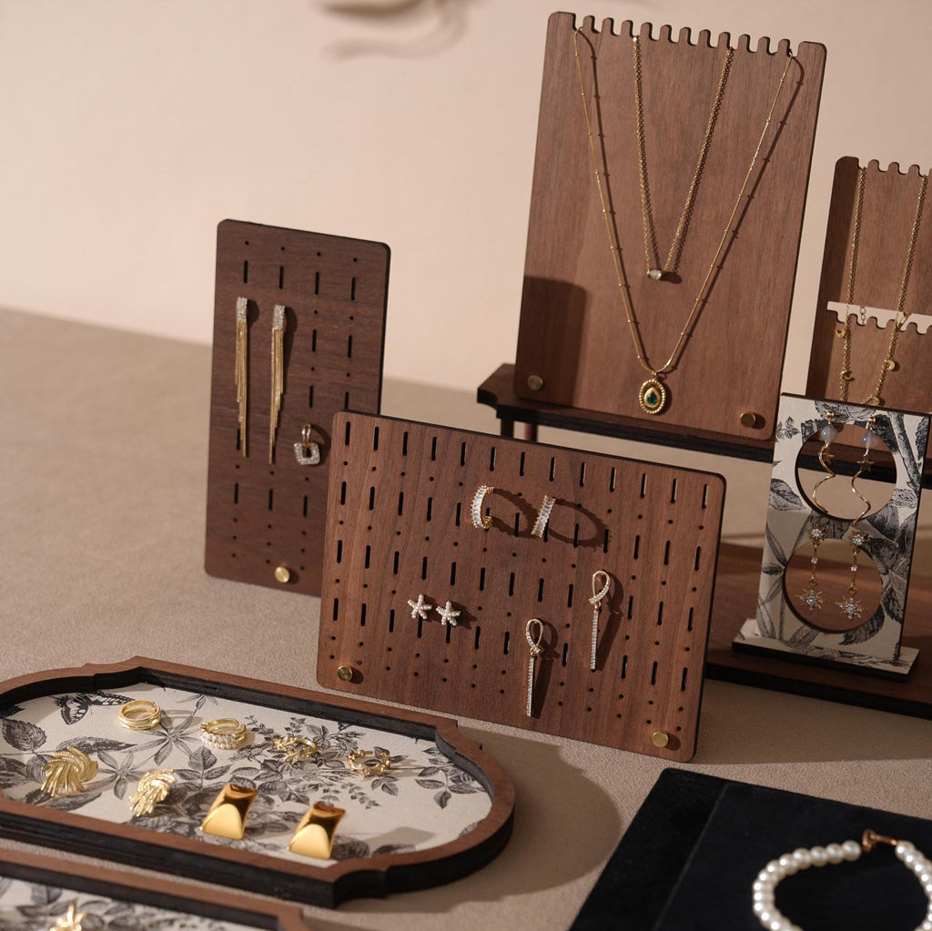 Walnut Veneer 13-Piece Jewelry Display Set: Boutique Booth Organizer