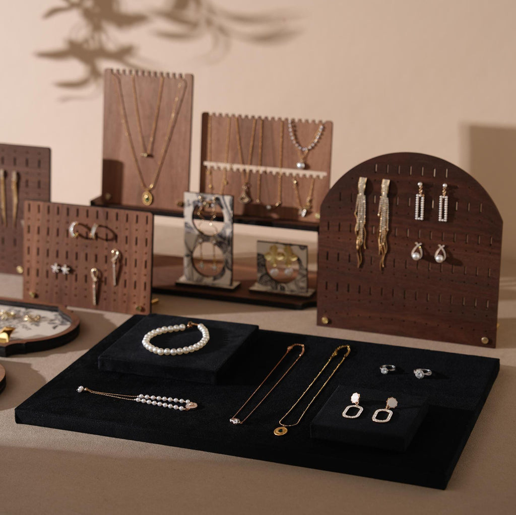 Walnut Veneer 13-Piece Jewelry Display Set: Boutique Booth Organizer