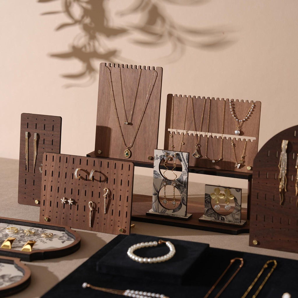 Walnut Veneer 13-Piece Jewelry Display Set: Boutique Booth Organizer