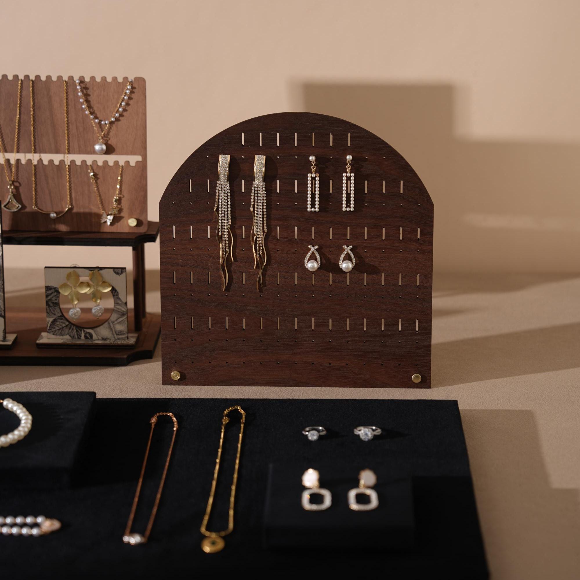 Walnut Veneer 13-Piece Jewelry Display Set: Boutique Booth Organizer