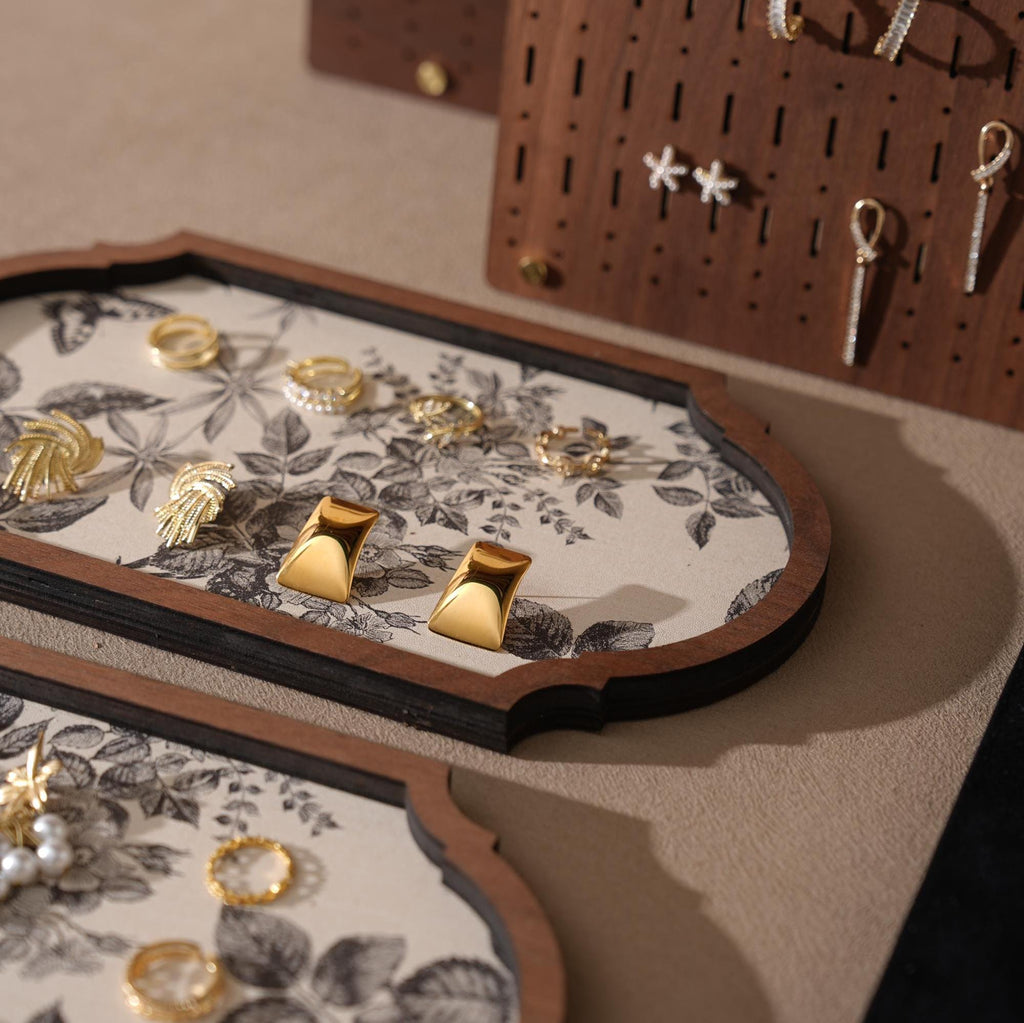 Walnut Veneer 13-Piece Jewelry Display Set: Boutique Booth Organizer
