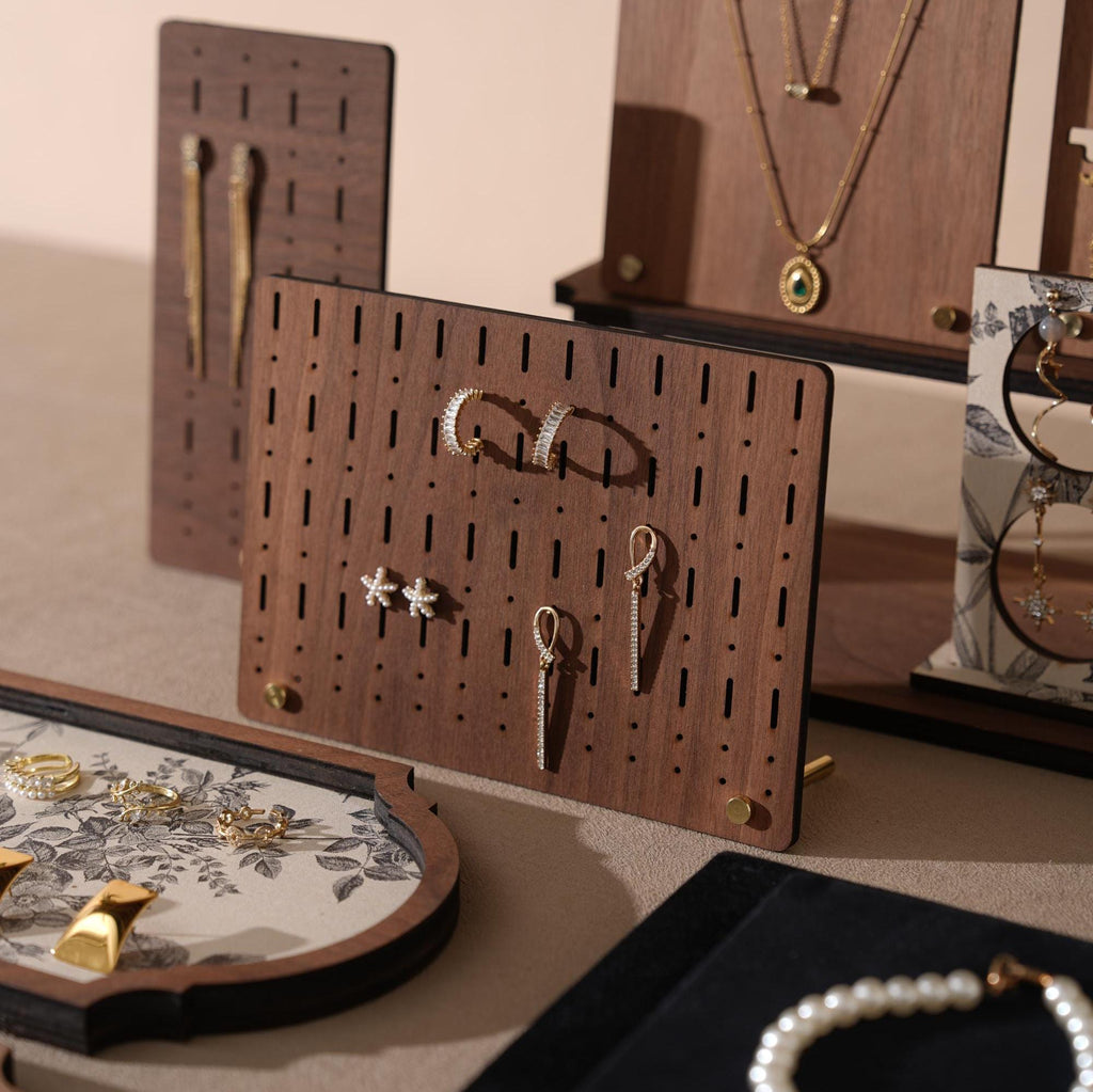 Walnut Veneer 13-Piece Jewelry Display Set: Boutique Booth Organizer