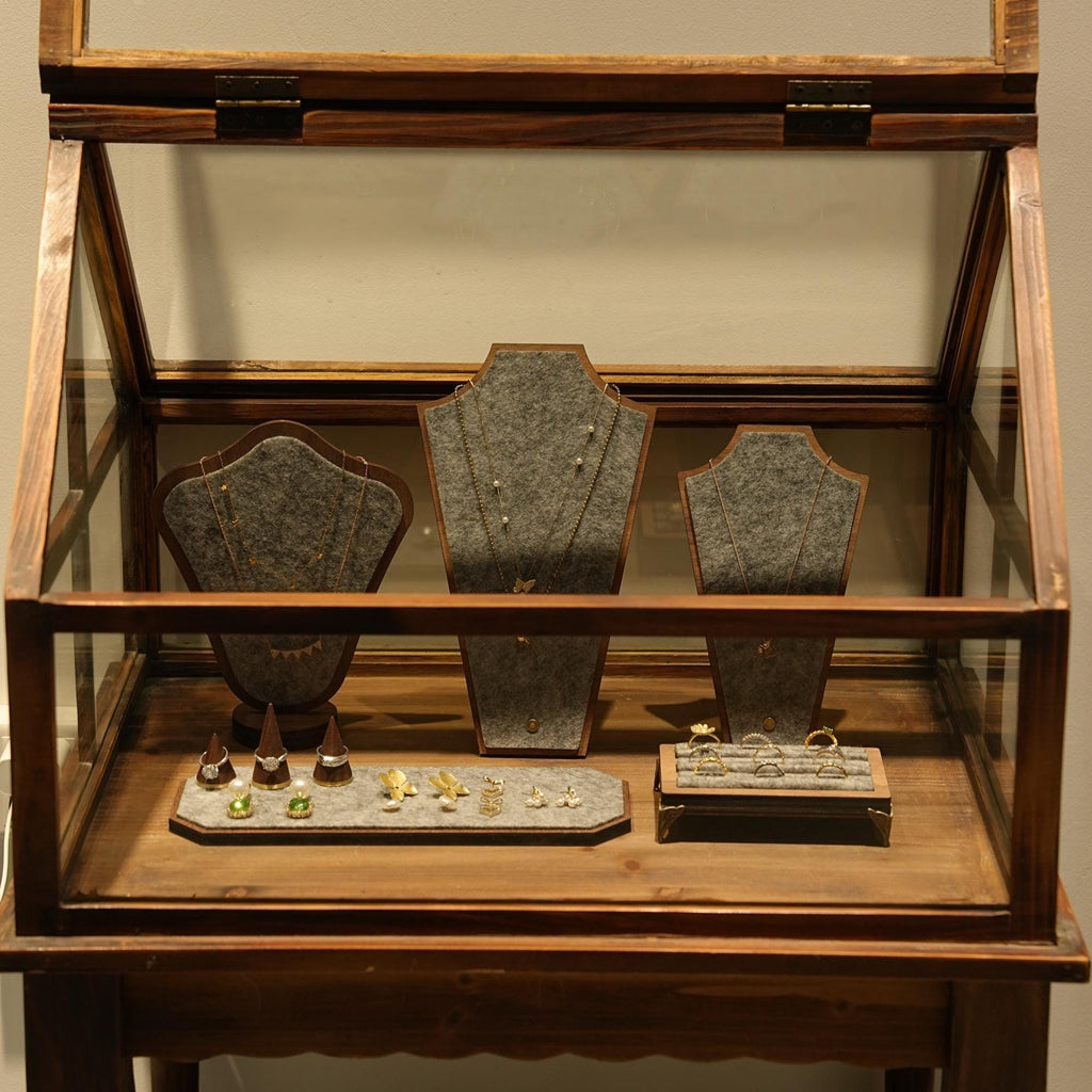 Walnut Veneer Jewelry Display Set: Boutique Showcase Organizer