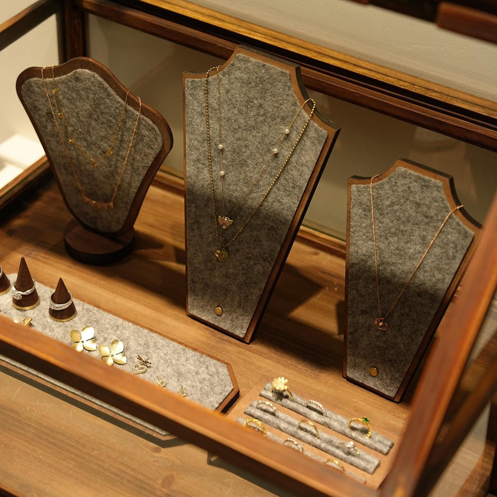 Walnut Veneer Jewelry Display Set: Boutique Showcase Organizer