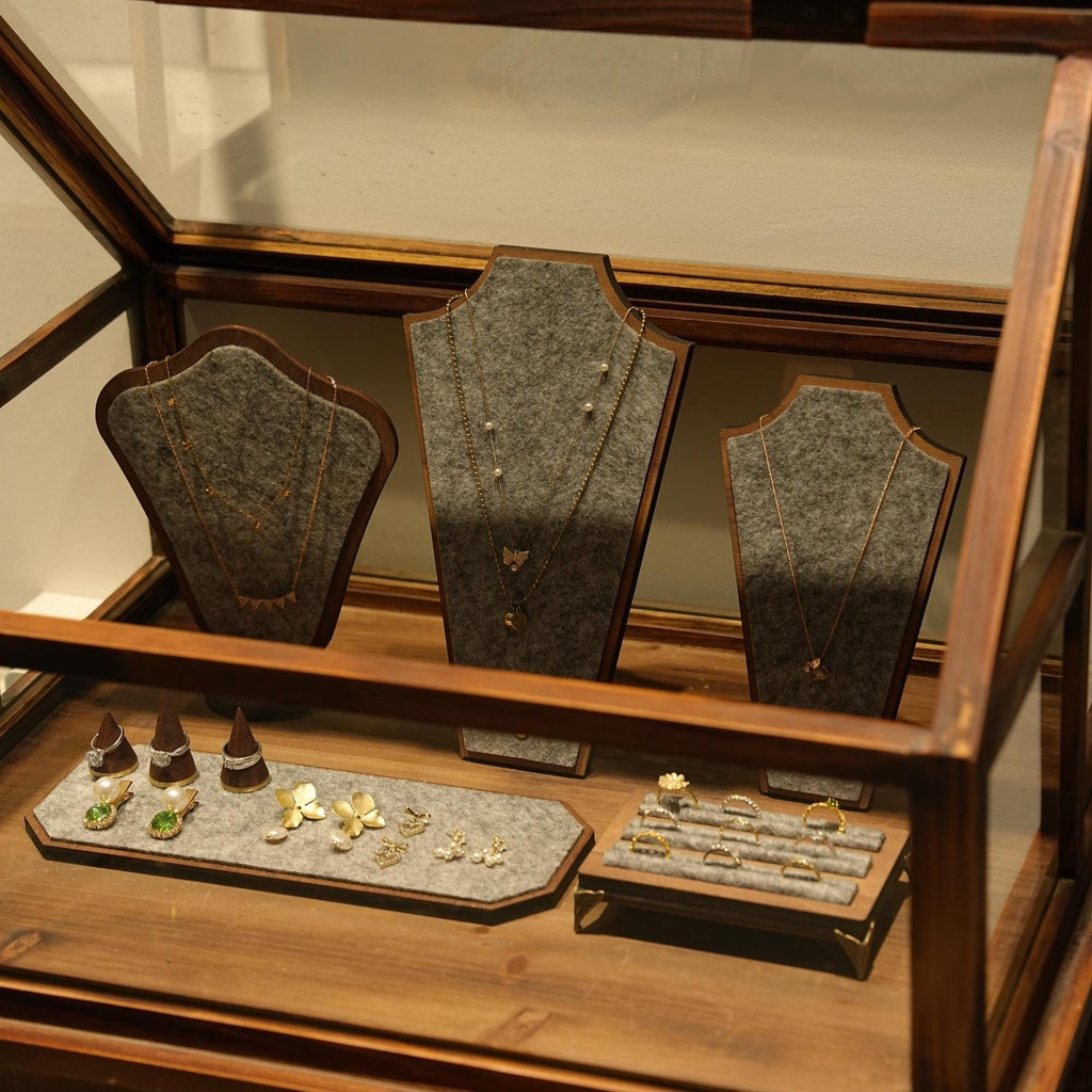 Walnut Veneer Jewelry Display Set: Boutique Showcase Organizer