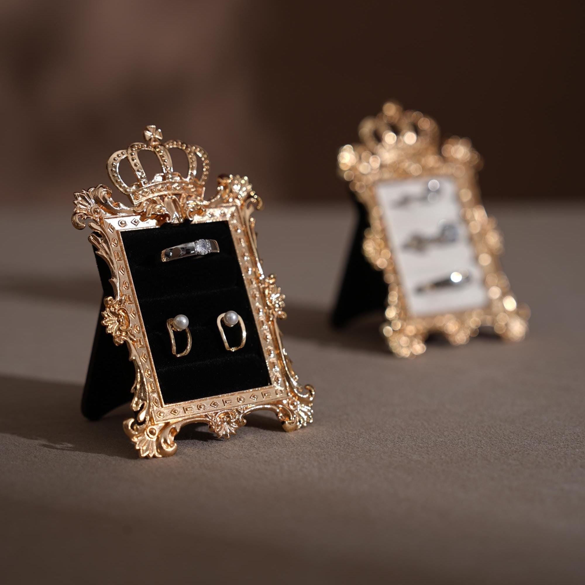 Gold Crown Ring Holder: Vegan Suede Jewelry Display Frame