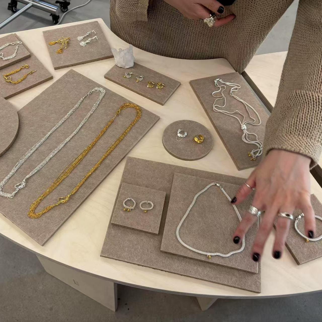 Beige Felt Jewelry Display Set: Ring, Necklace, Bracelet and Earring Showcase Prop