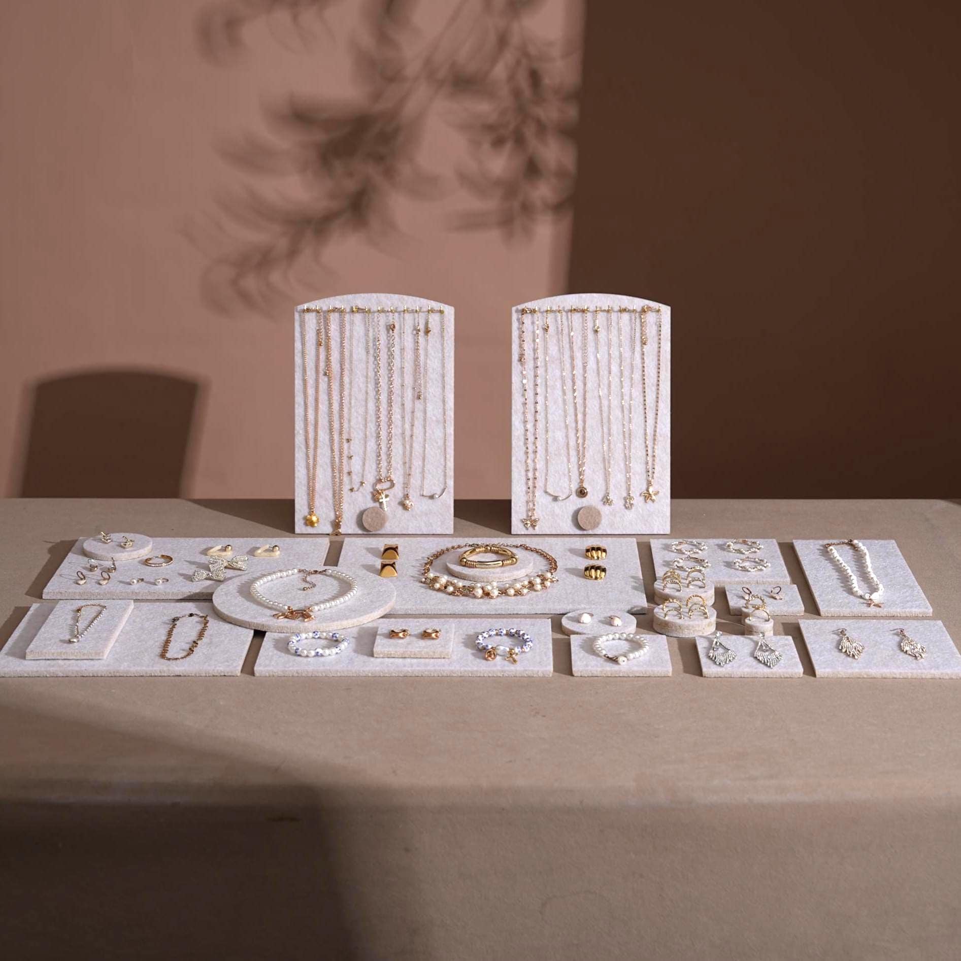 Off White Felt Jewelry Display Set: Ring, Necklace, Bracelet Showcase