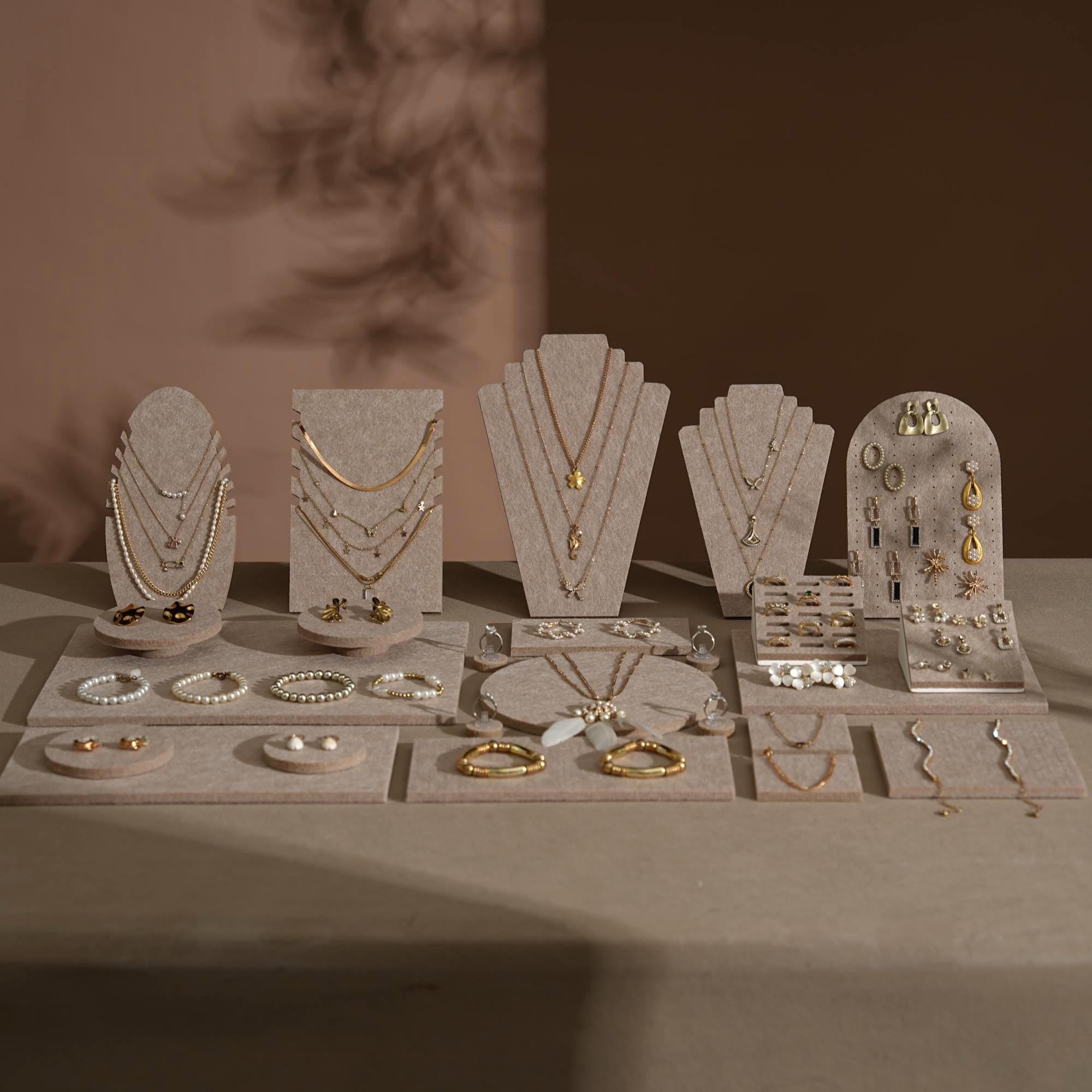Beige Felt Jewelry Display Set: Ring, Necklace, Bracelet and Earring Showcase Prop