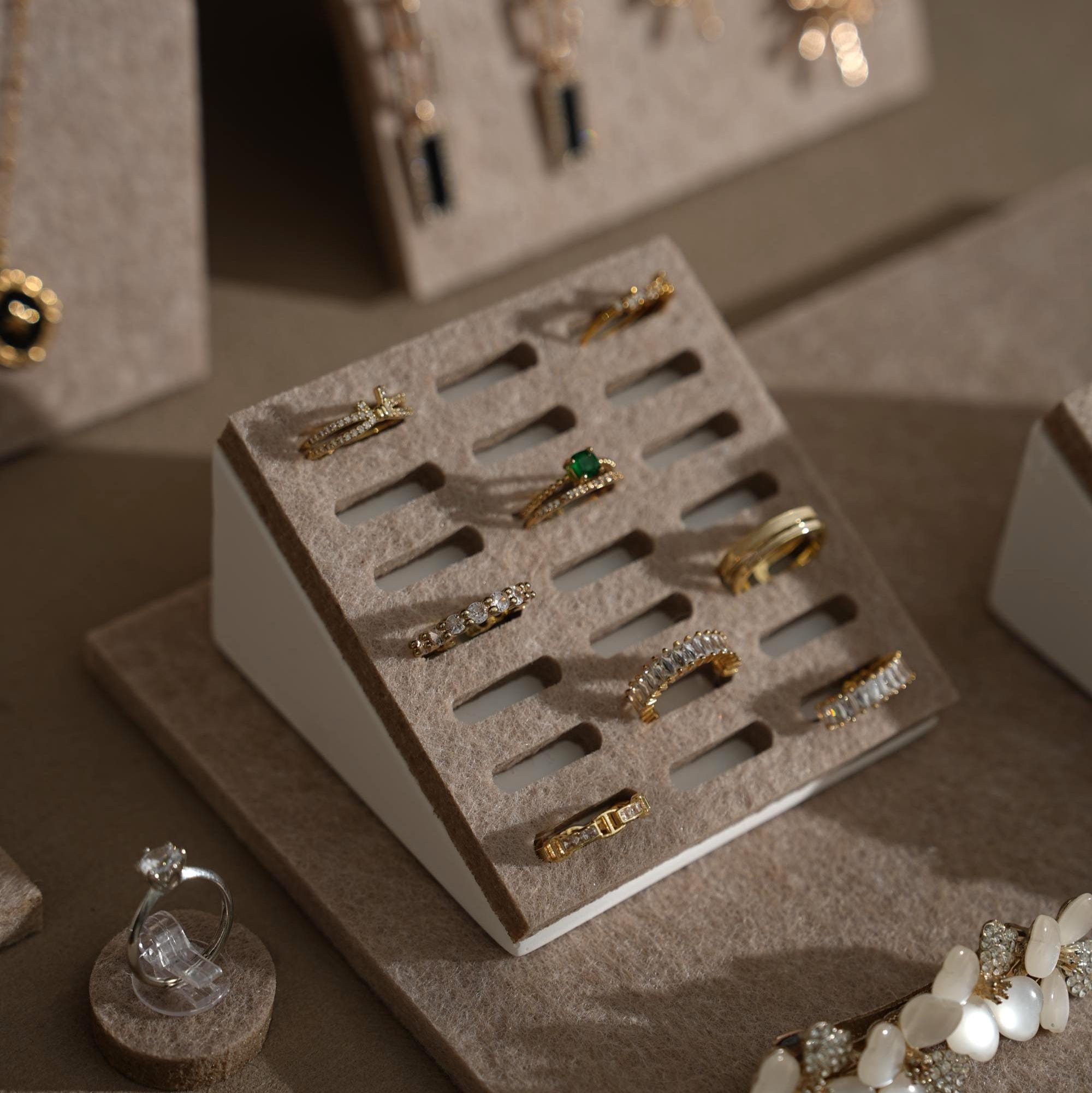Beige Felt Jewelry Display Set: Ring, Necklace, Bracelet and Earring Showcase Prop