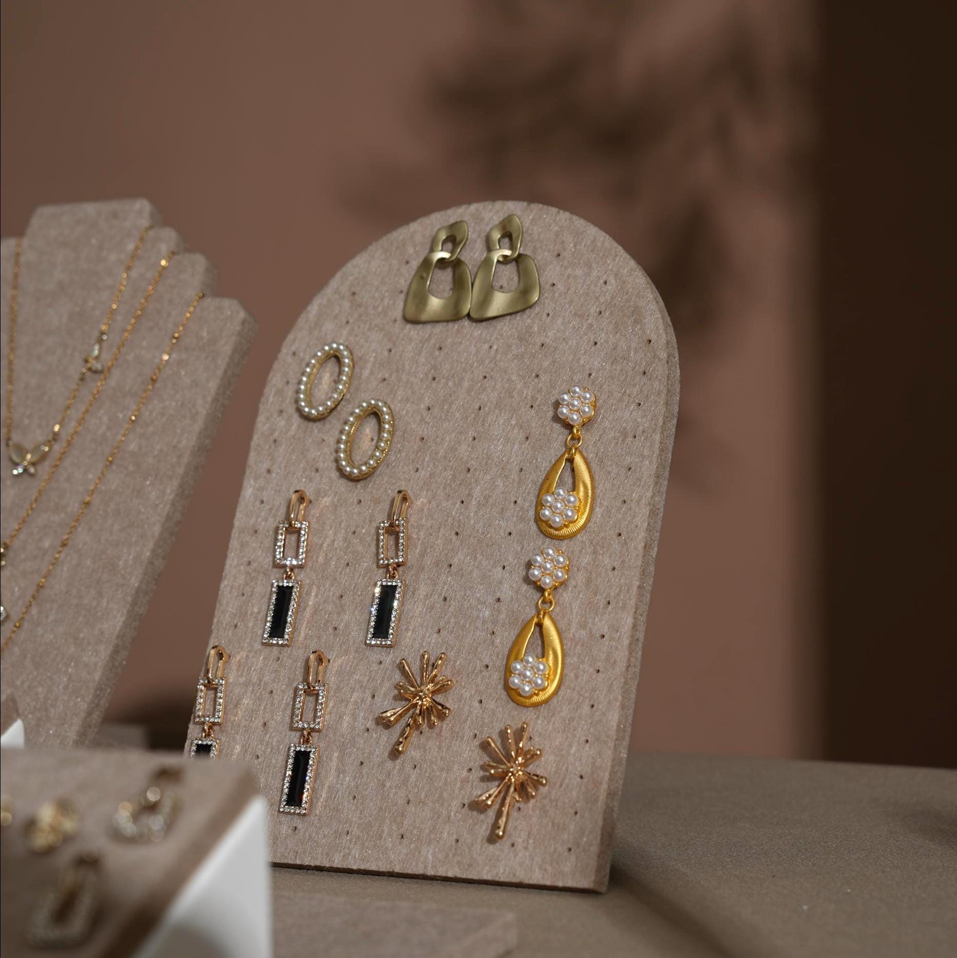 Beige Felt Jewelry Display Set: Ring, Necklace, Bracelet and Earring Showcase Prop