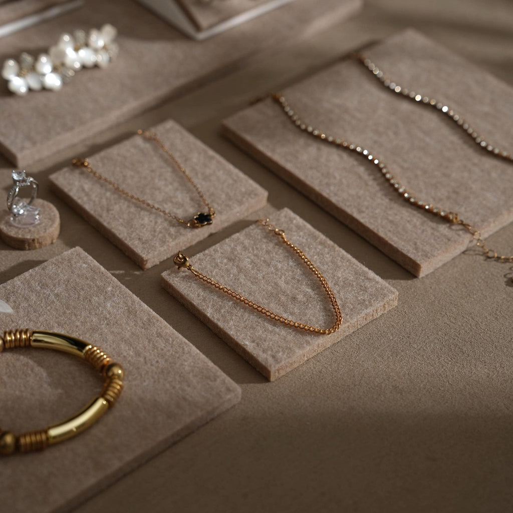 Beige Felt Jewelry Display Set: Ring, Necklace, Bracelet and Earring Showcase Prop