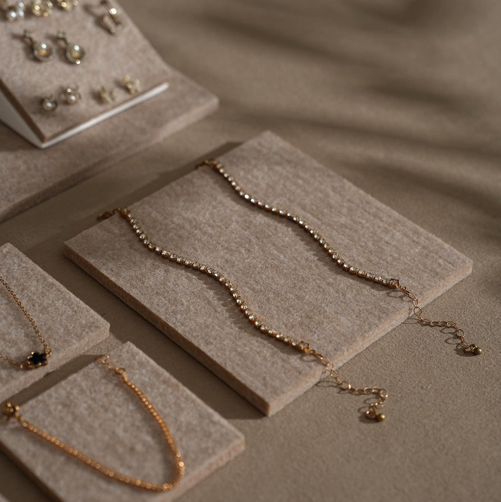 Beige Felt Jewelry Display Set: Ring, Necklace, Bracelet and Earring Showcase Prop