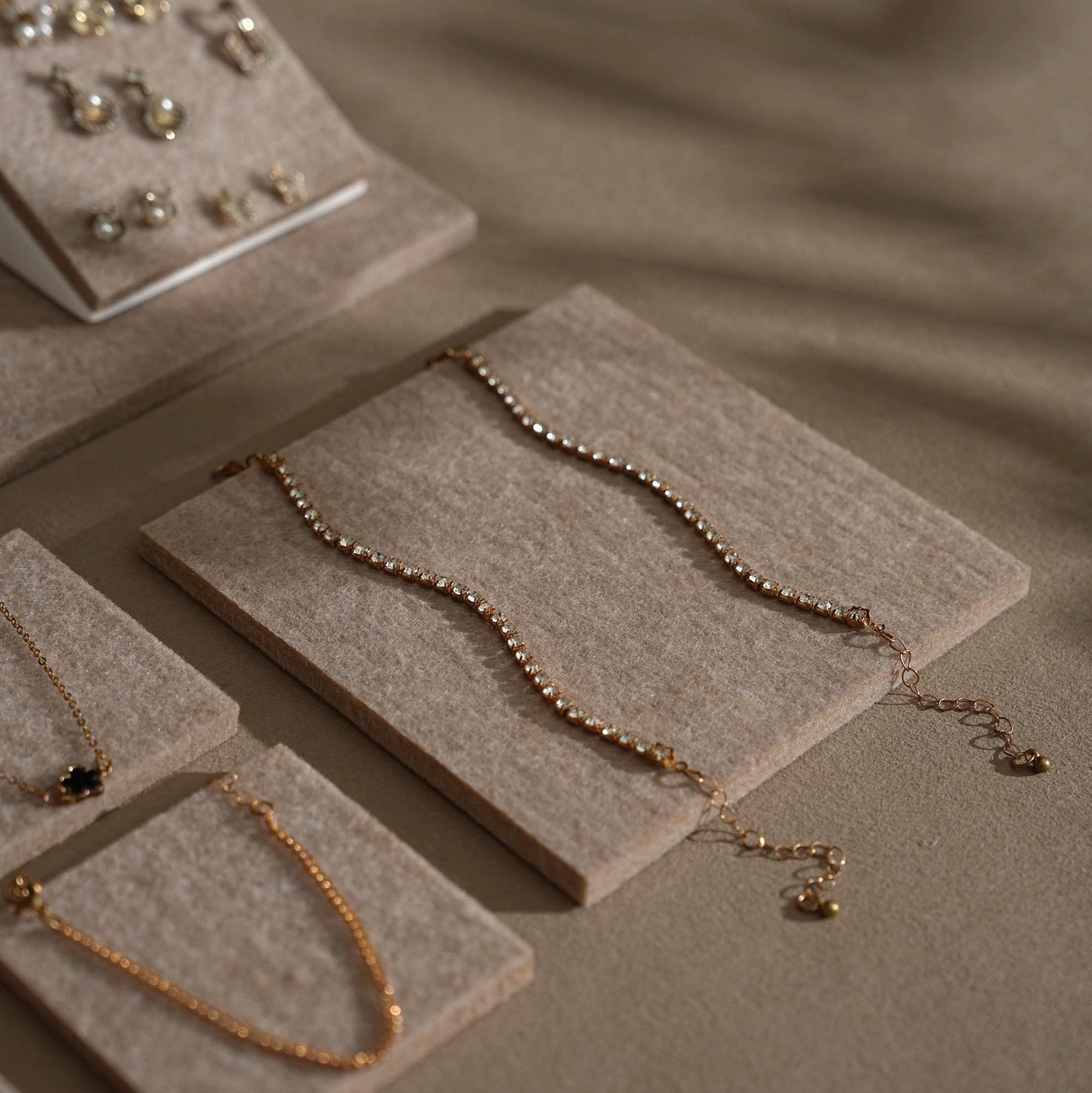 Beige Felt Jewelry Display Set: Ring, Necklace, Bracelet and Earring Showcase Prop