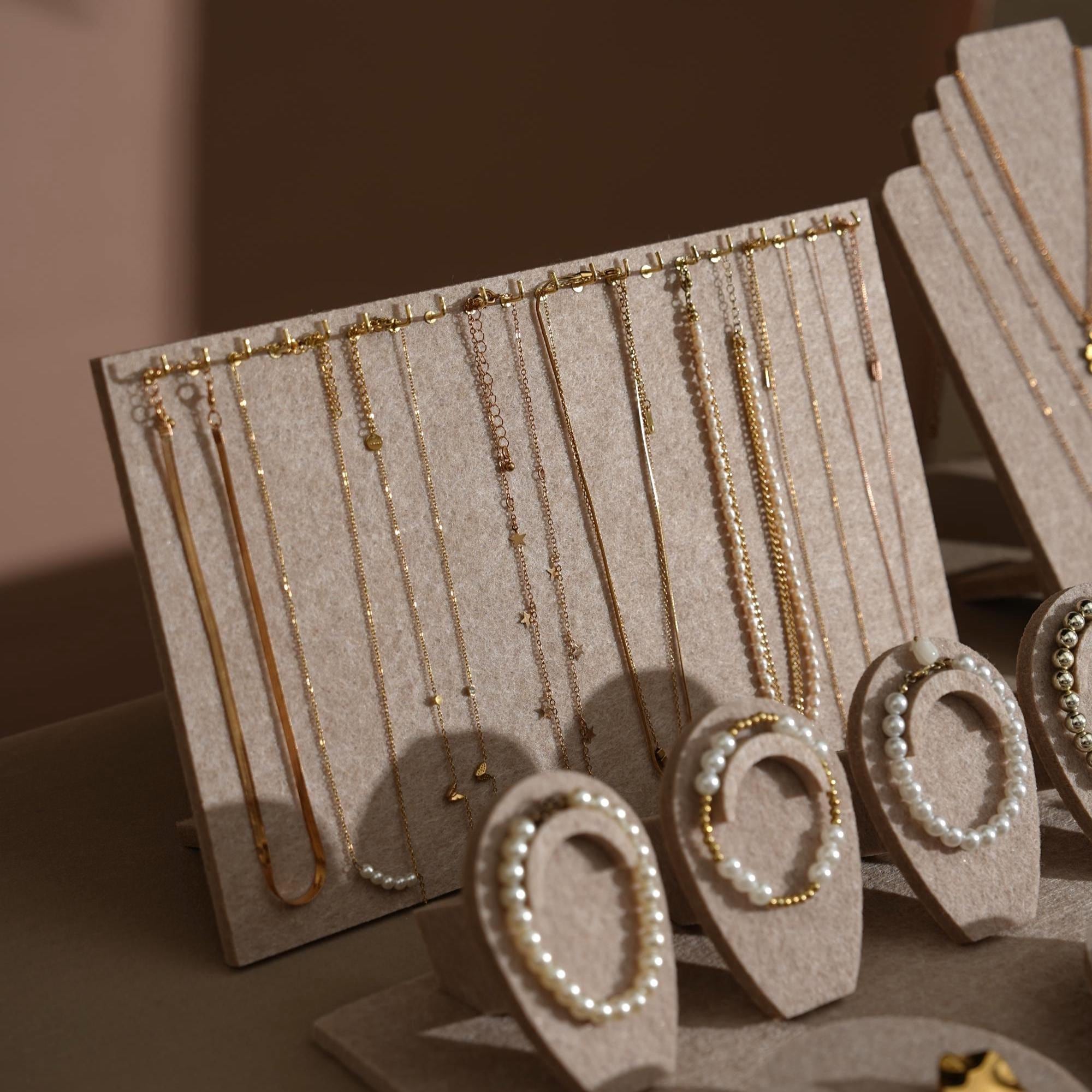 Beige Felt Jewelry Display Set: Ring, Necklace, Bracelet and Earring Showcase Prop
