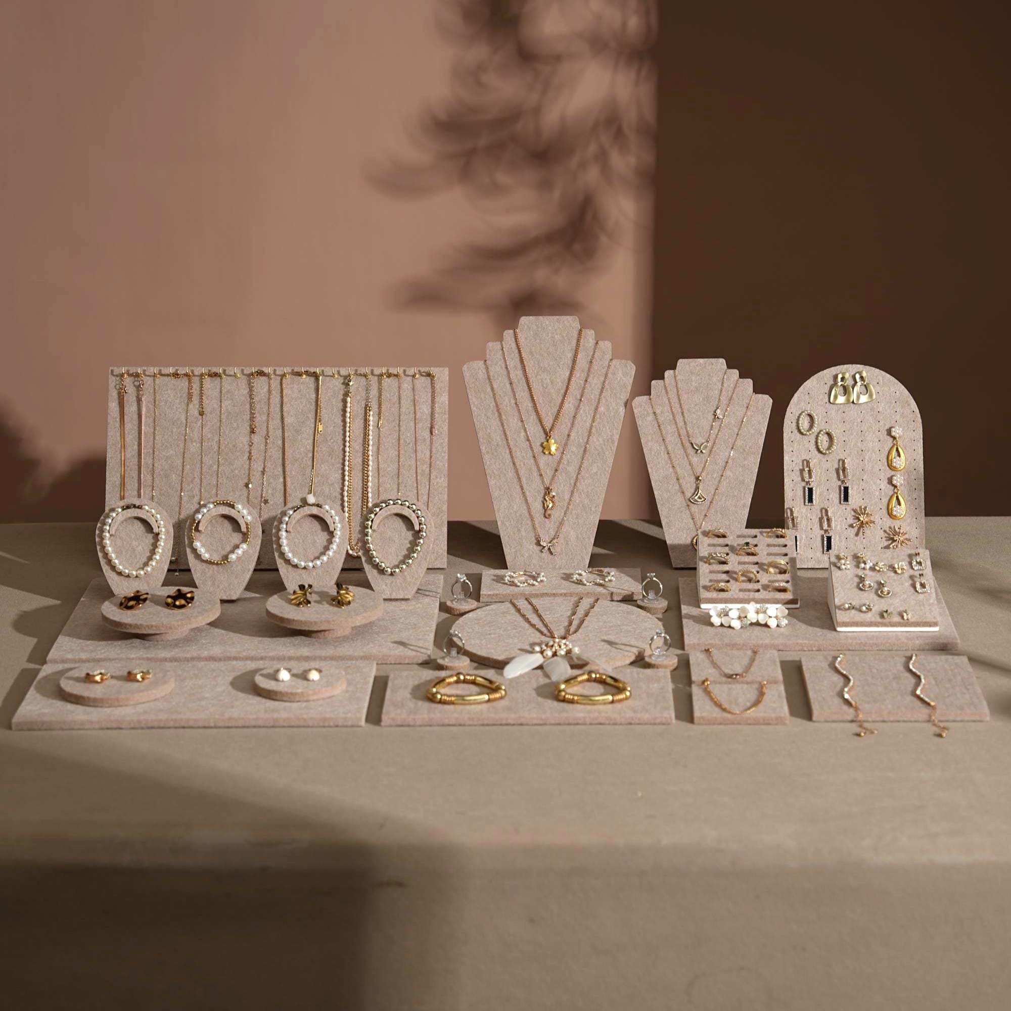 Beige Felt Jewelry Display Set: Ring, Necklace, Bracelet and Earring Showcase Prop