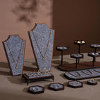 Gray Felt Jewelry Display Set – Walnut Veneer Base for Rings and Bracelets