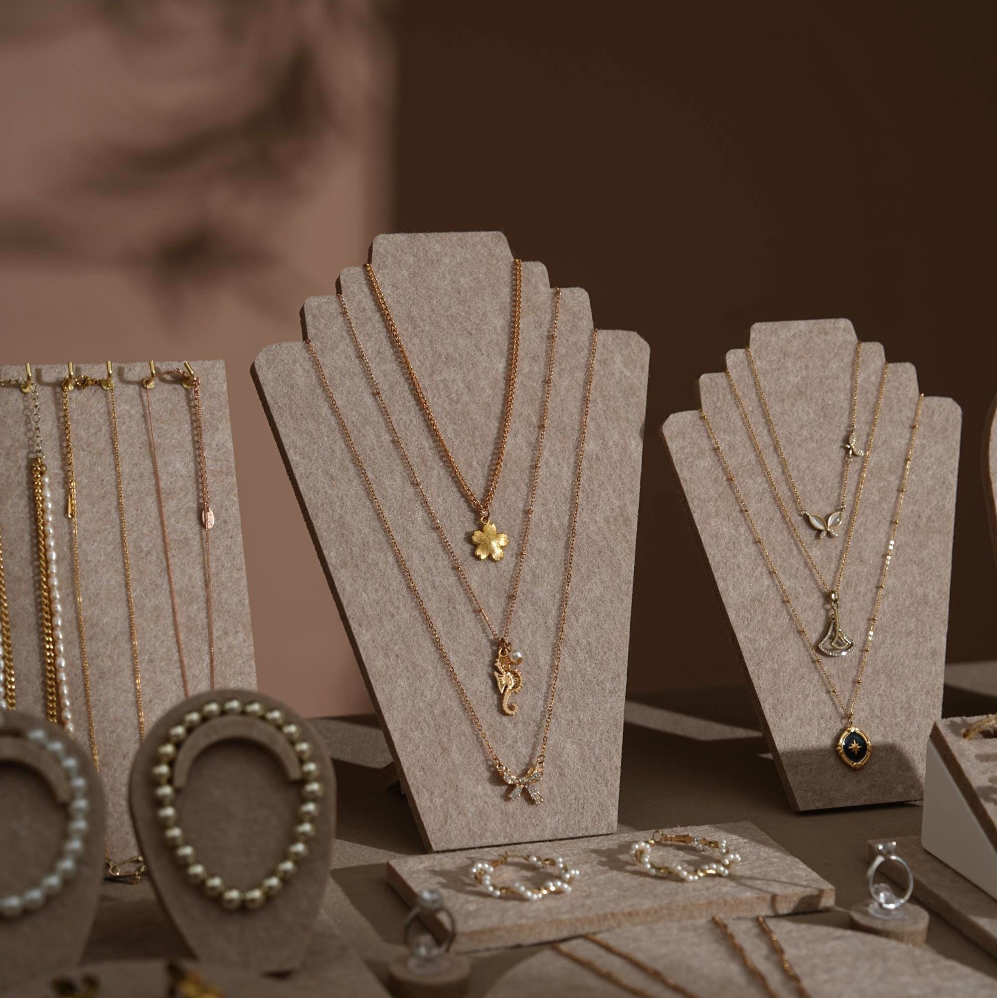 Beige Felt Jewelry Display Set: Ring, Necklace, Bracelet and Earring Showcase Prop