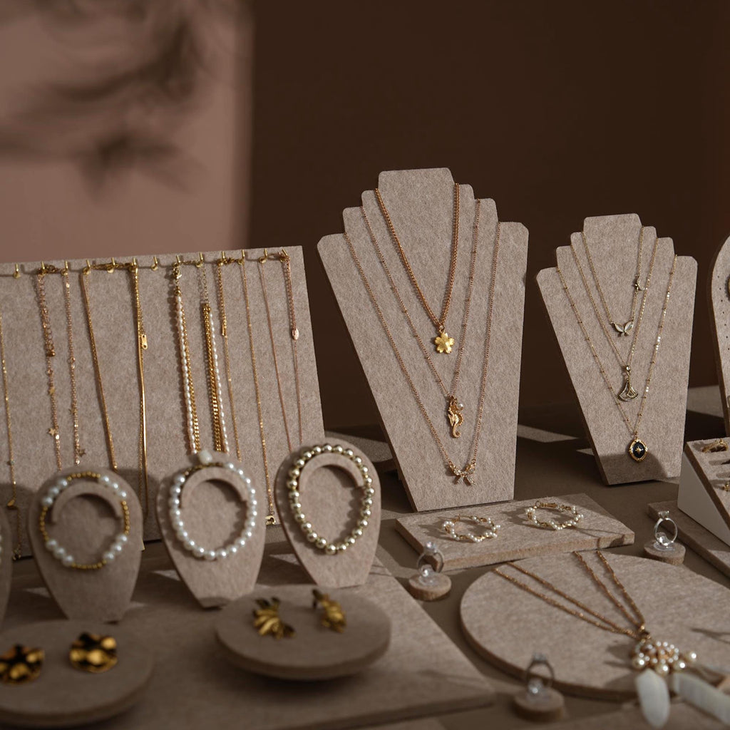 Beige Felt Jewelry Display Set: Ring, Necklace, Bracelet and Earring Showcase Prop