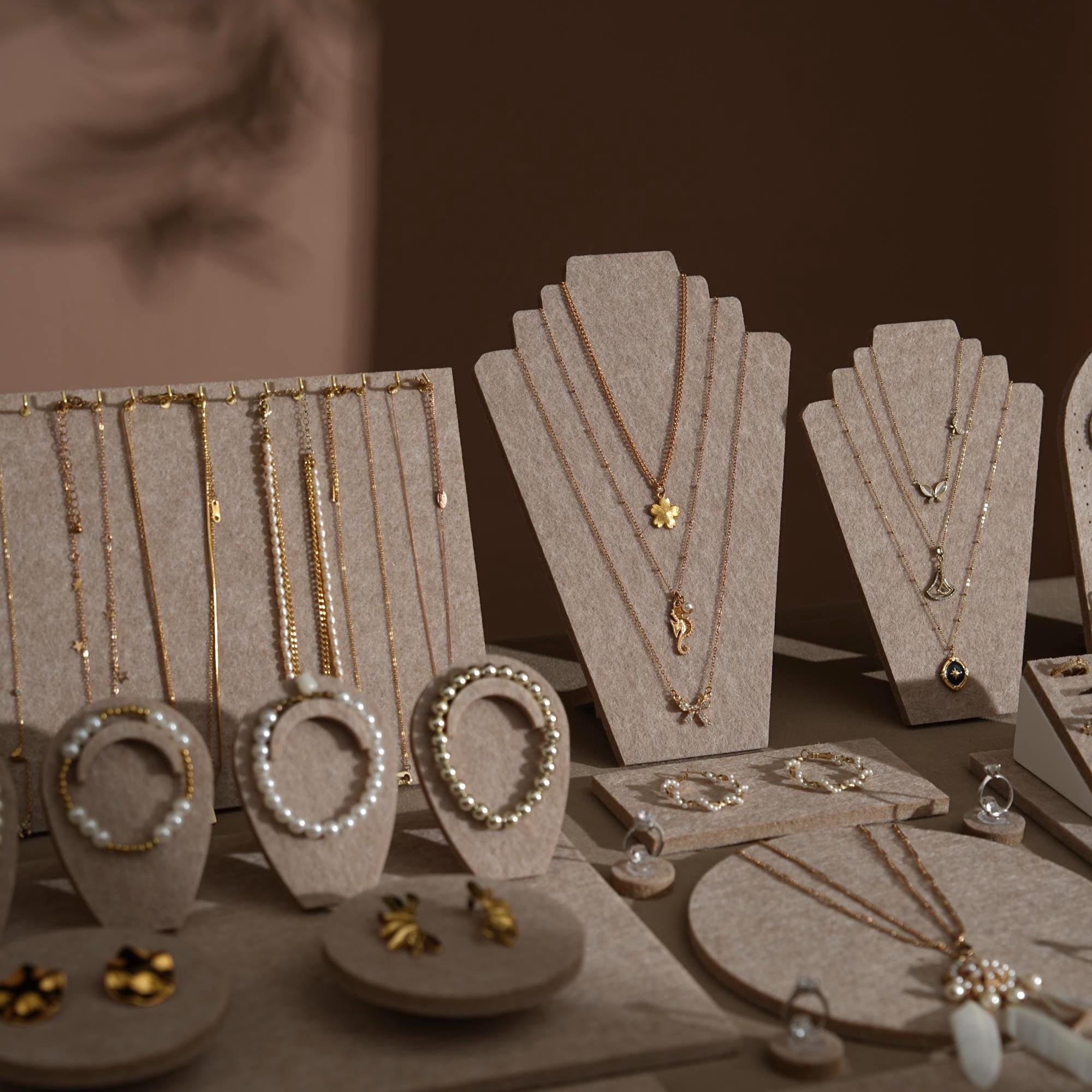 Beige Felt Jewelry Display Set: Ring, Necklace, Bracelet and Earring Showcase Prop
