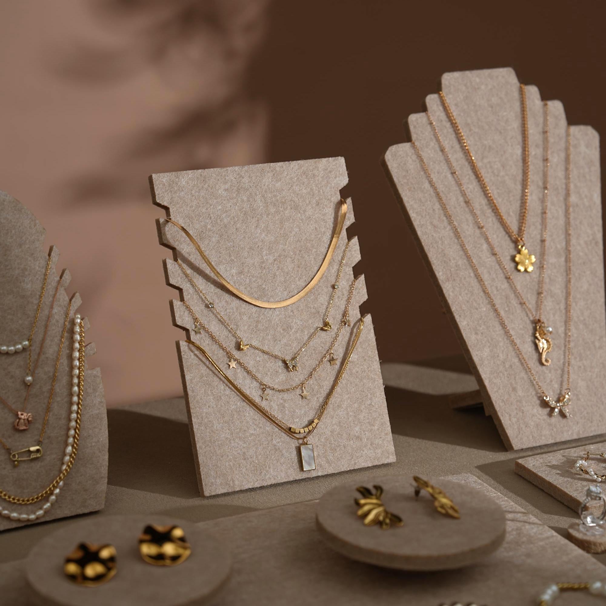 Beige Felt Jewelry Display Set: Ring, Necklace, Bracelet and Earring Showcase Prop