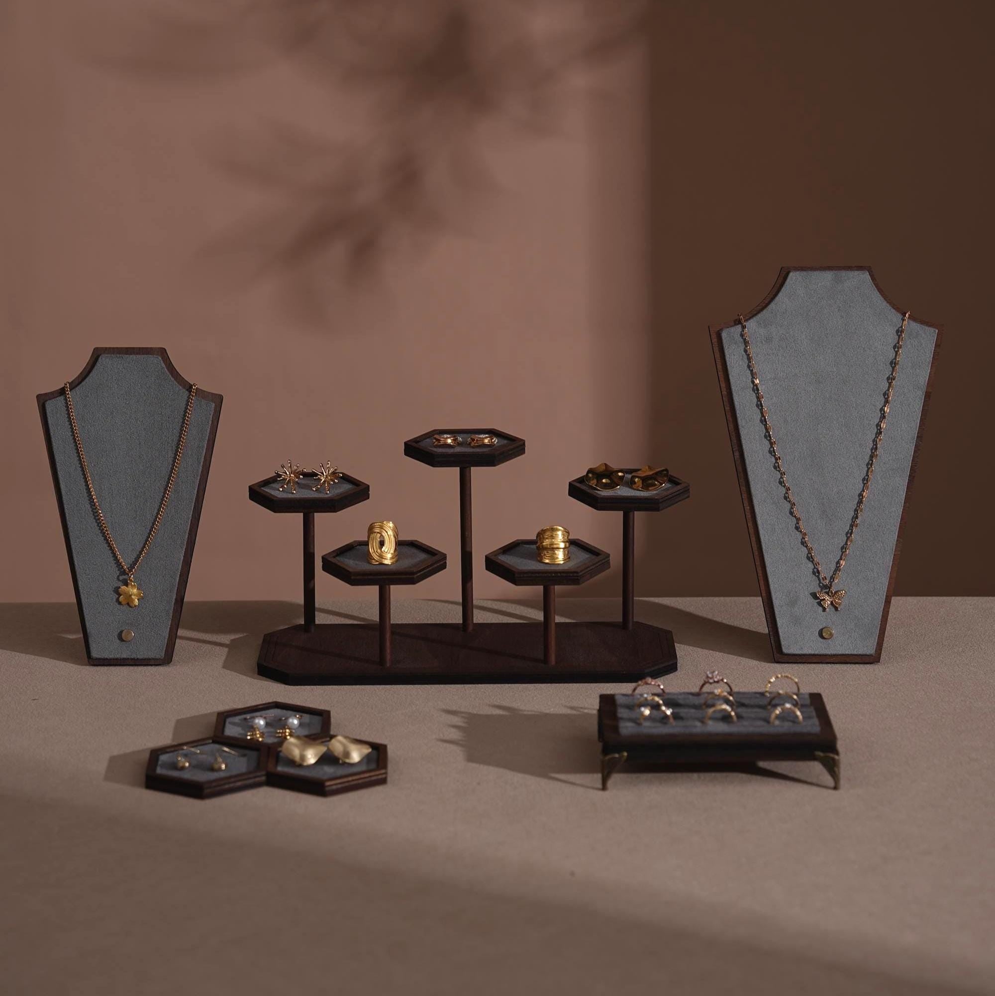 Walnut Veneer Jewelry Vendor Display Set (7-Piece) | 12 Colors