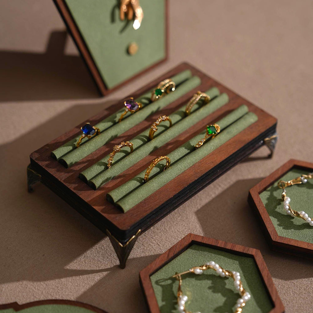 Walnut Veneer Jewelry Display Set