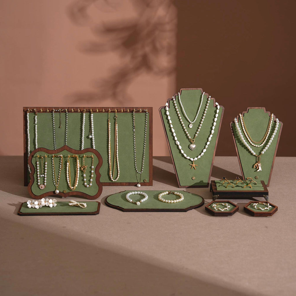 Walnut Veneer Jewelry Display Set