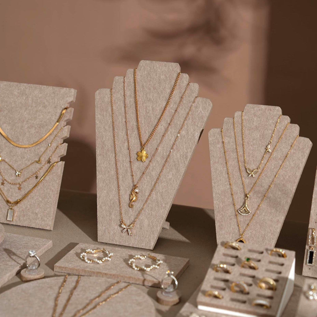 Beige Felt Jewelry Display Set: Ring, Necklace, Bracelet and Earring Showcase Prop
