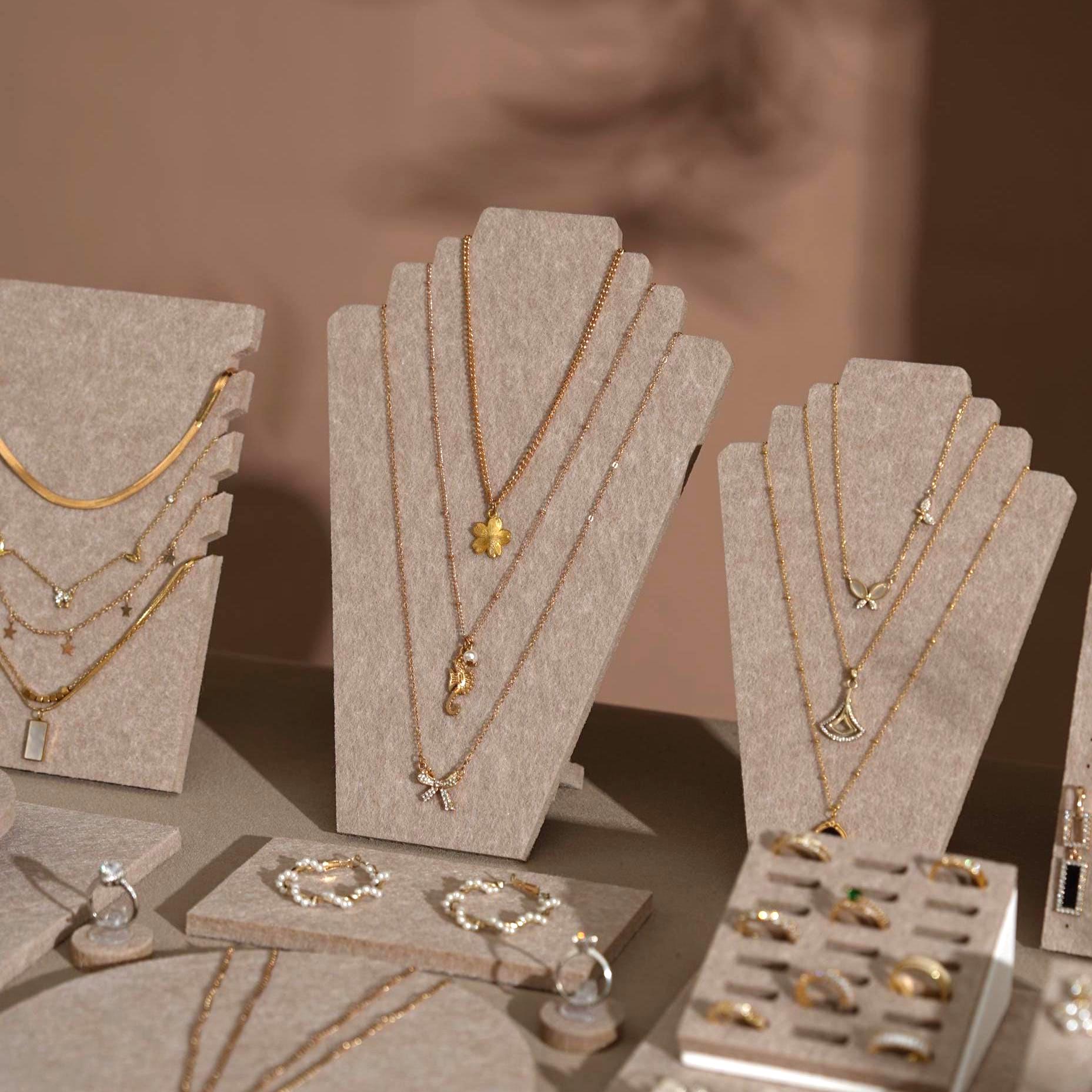 Beige Felt Jewelry Display Set: Ring, Necklace, Bracelet and Earring Showcase Prop