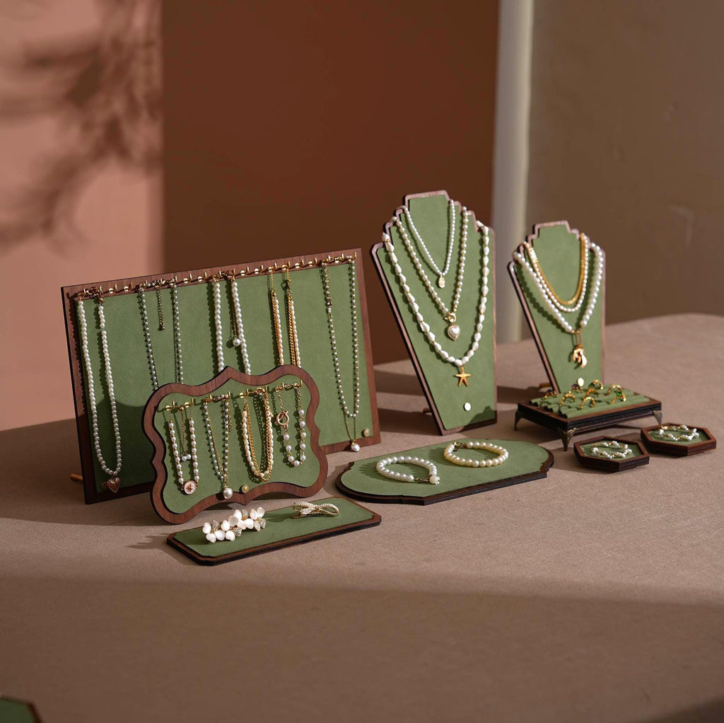 Walnut Veneer Jewelry Display Set