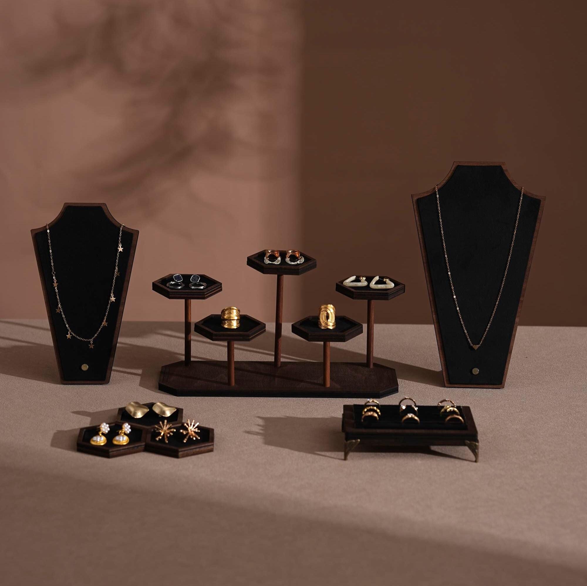 Walnut Veneer Jewelry Vendor Display Set (7-Piece) | 12 Colors