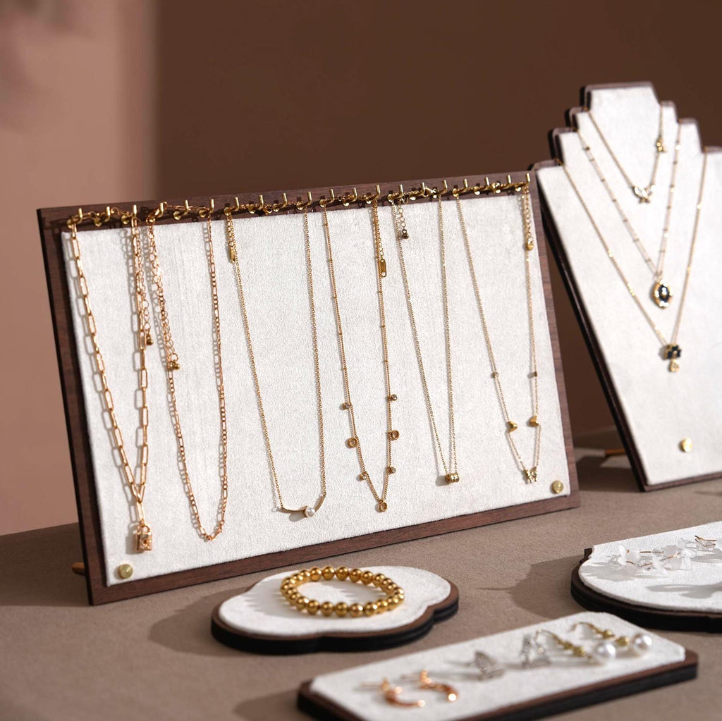 Walnut Veneer Jewelry Display Set: Green Faux Leather Event Showcase Fair