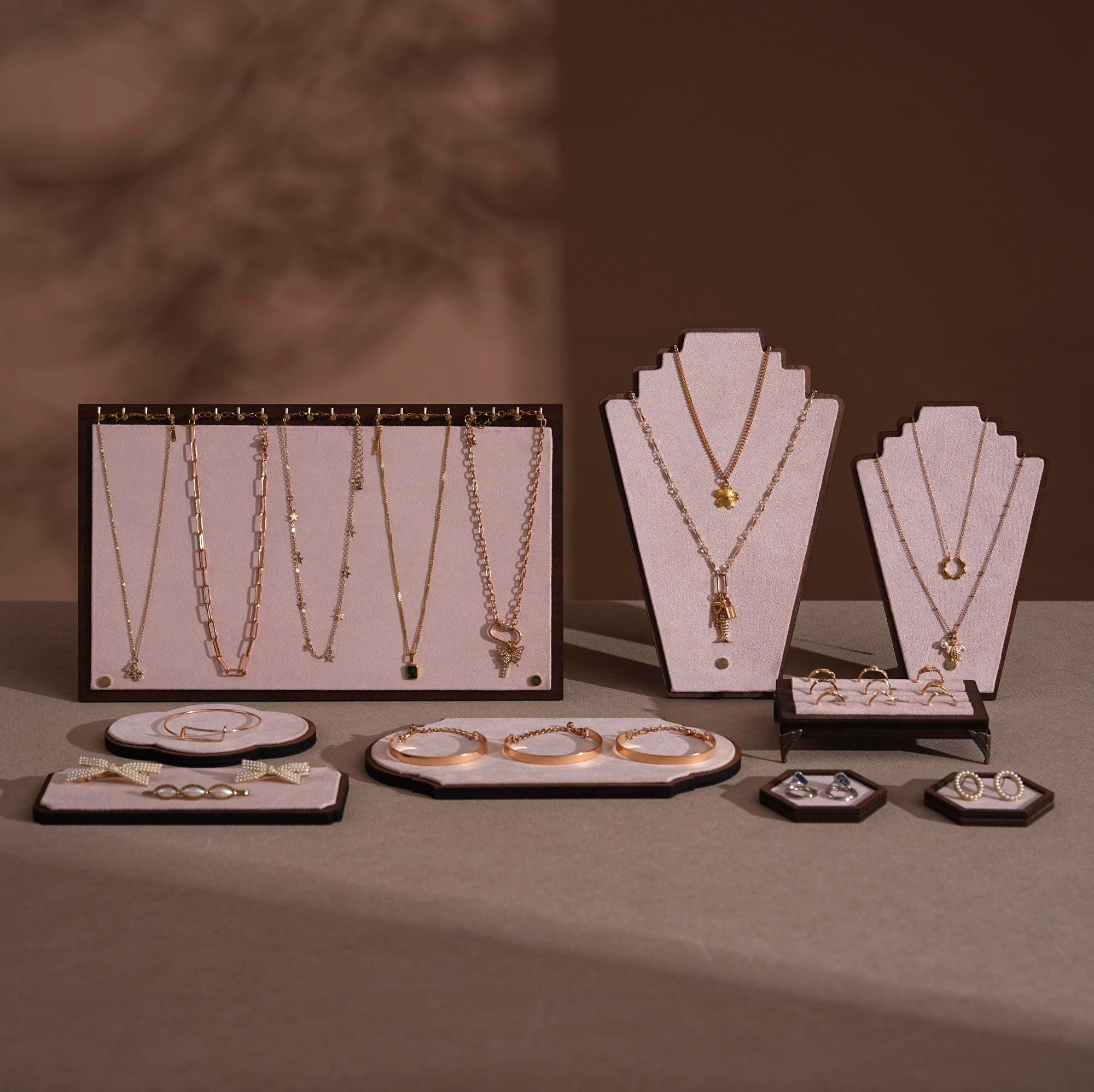 Walnut Veneer Jewelry Display Set: Green Faux Leather Event Showcase Fair
