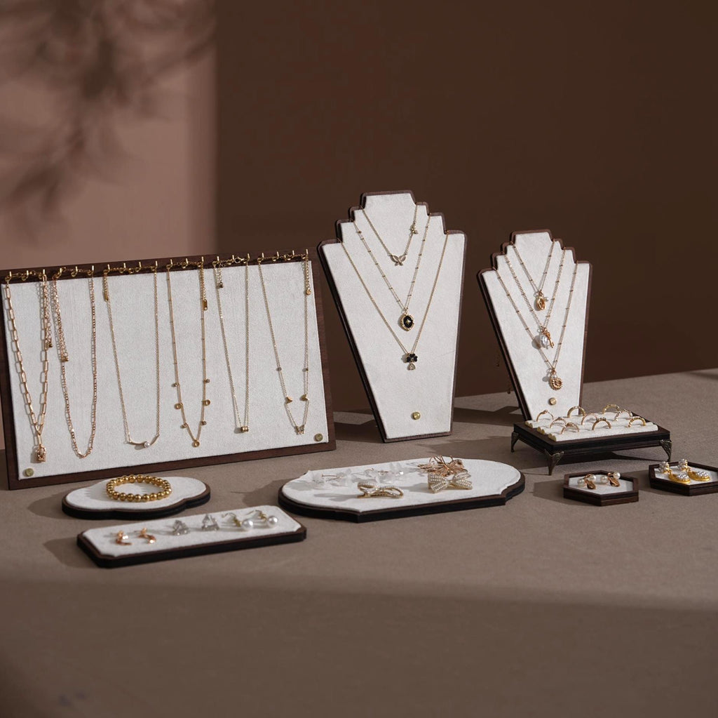 Walnut Veneer Jewelry Display Set: Green Faux Leather Event Showcase Fair